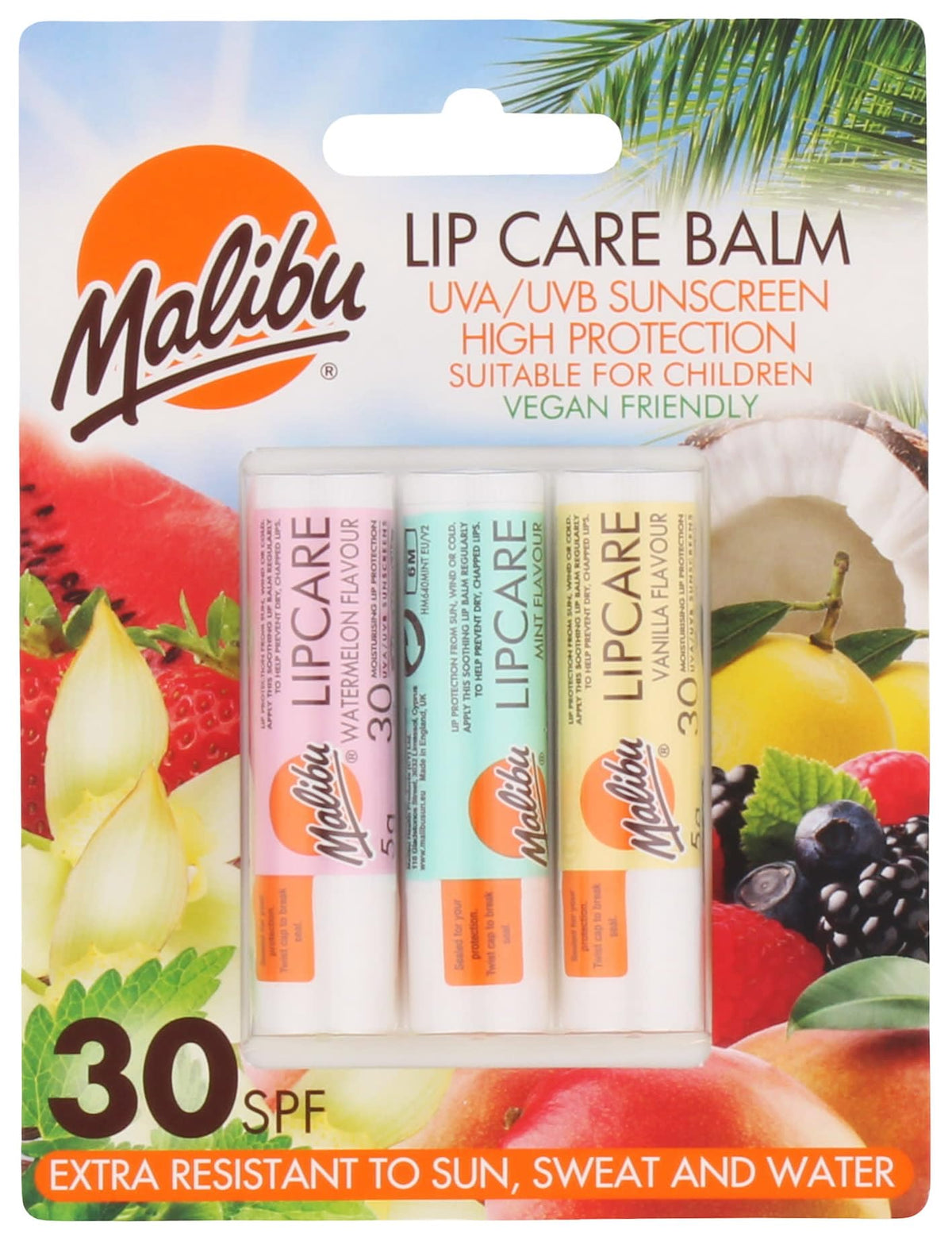 Malibu SPF 30 Lip Balm - 3 Pack (Watermelon, Mint, Vanilla) | Hydrating | Sun Protection
