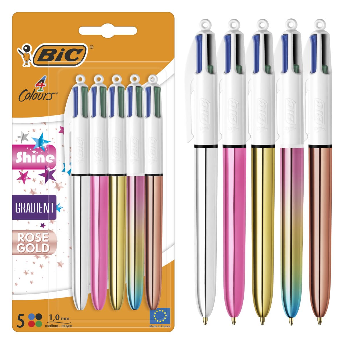 BIC 4 Colours Shine and Gradient Retractable Ballpoint Pens - Medium 1.0mm Point | Pack of 5 | Metallic Colors 1