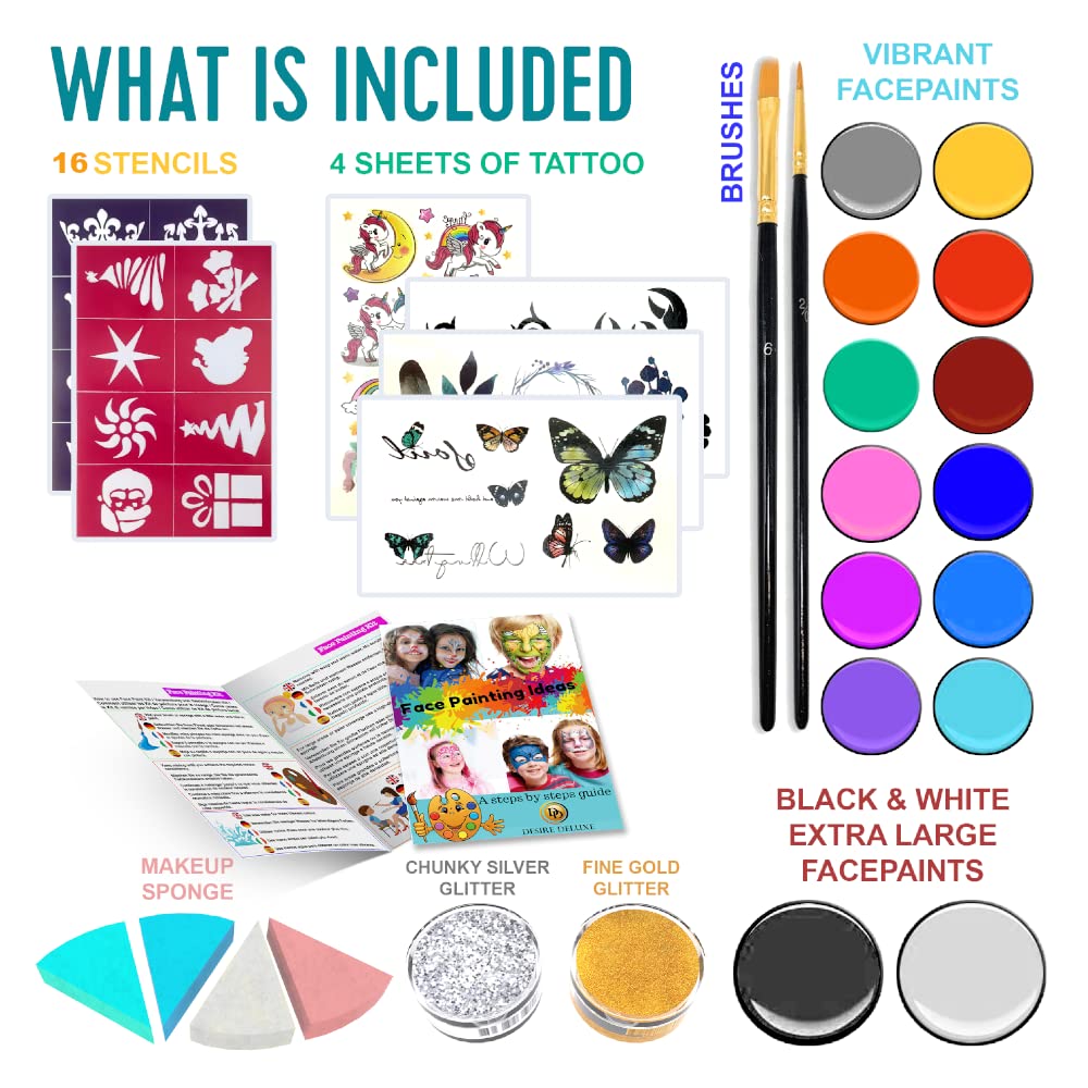 Desire Deluxe Face Paints - 64 Piece Kit with 14 Colors, Glitter, Brushes & Stencils | Kids & Adults 3