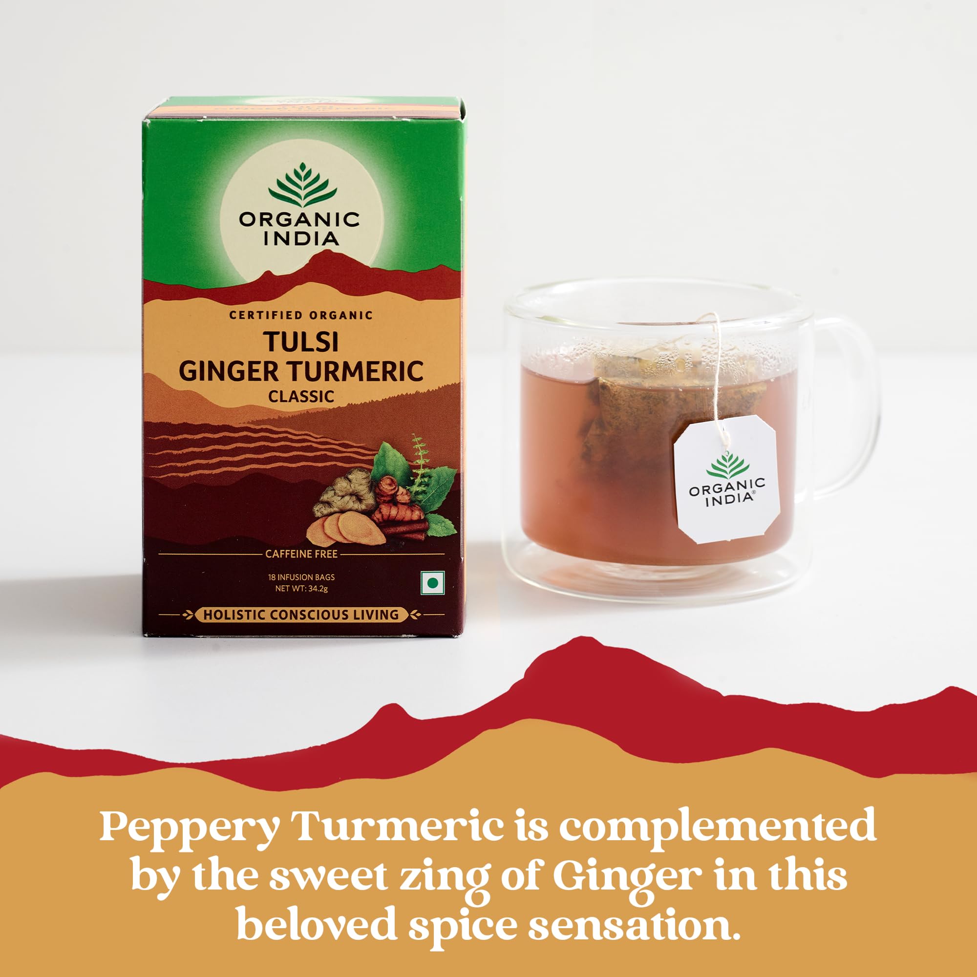 ORGANIC INDIA Tulsi Ginger Turmeric Herbal Tea - Caffeine-Free, Certified Organic, 18 Count Teabags