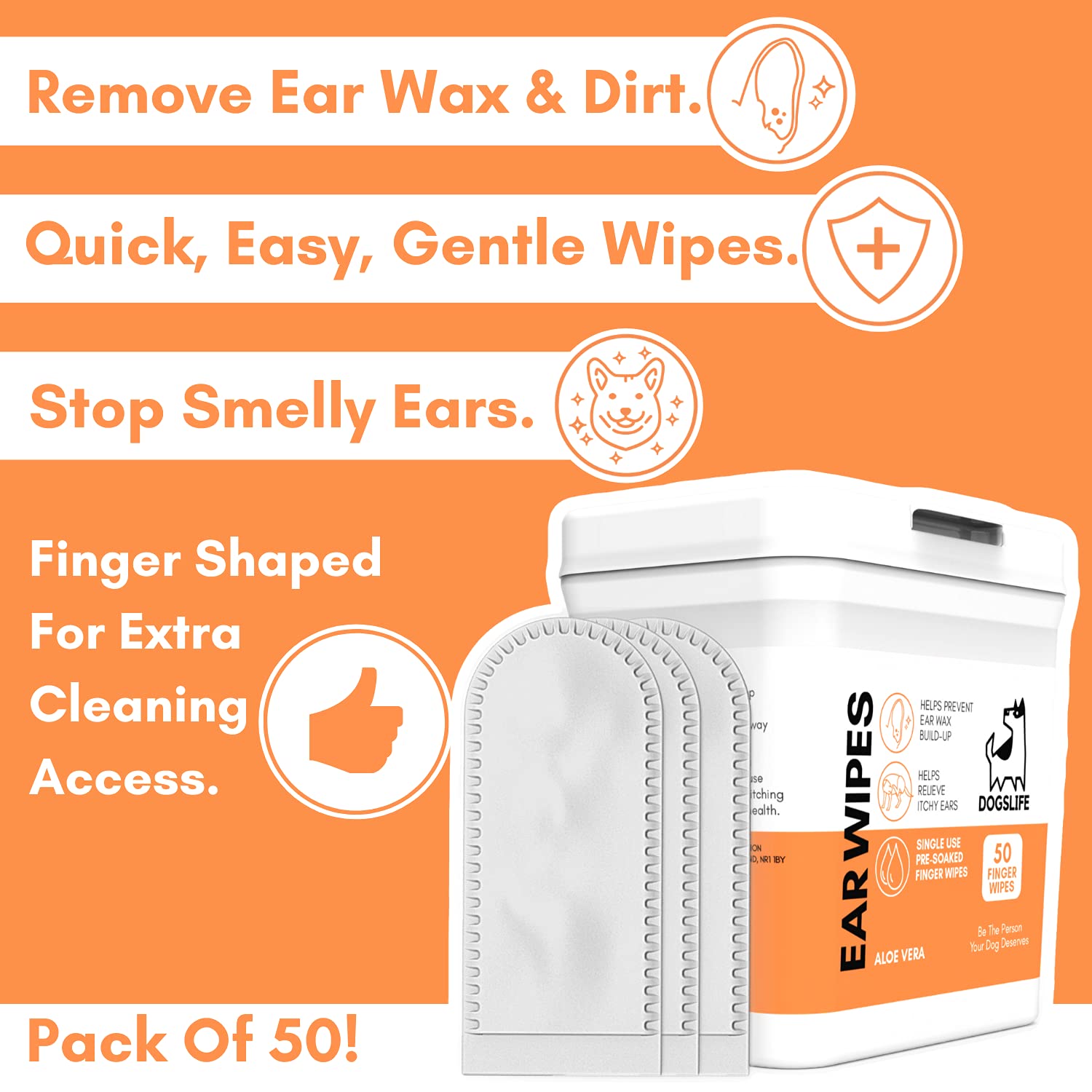 DogsLife Dog Ear Wipes - 50 Count Pack for Wax, Dirt & Itch Relief | Aloe Vera Formula