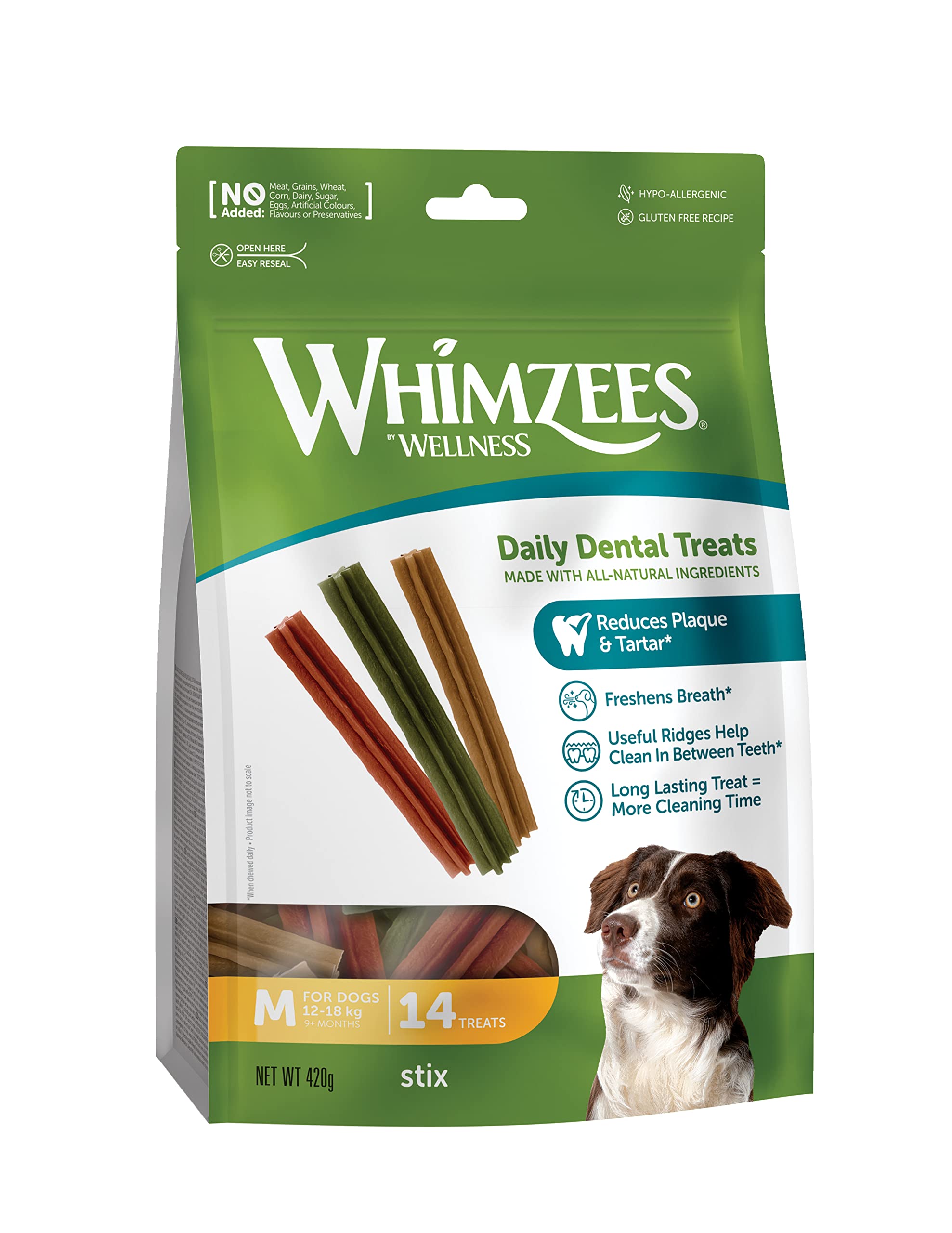 WHIMZEES By Wellness Stix Dog Dental Chews - Medium Breeds (14 Pcs) | Grain-Free, Vegetarian