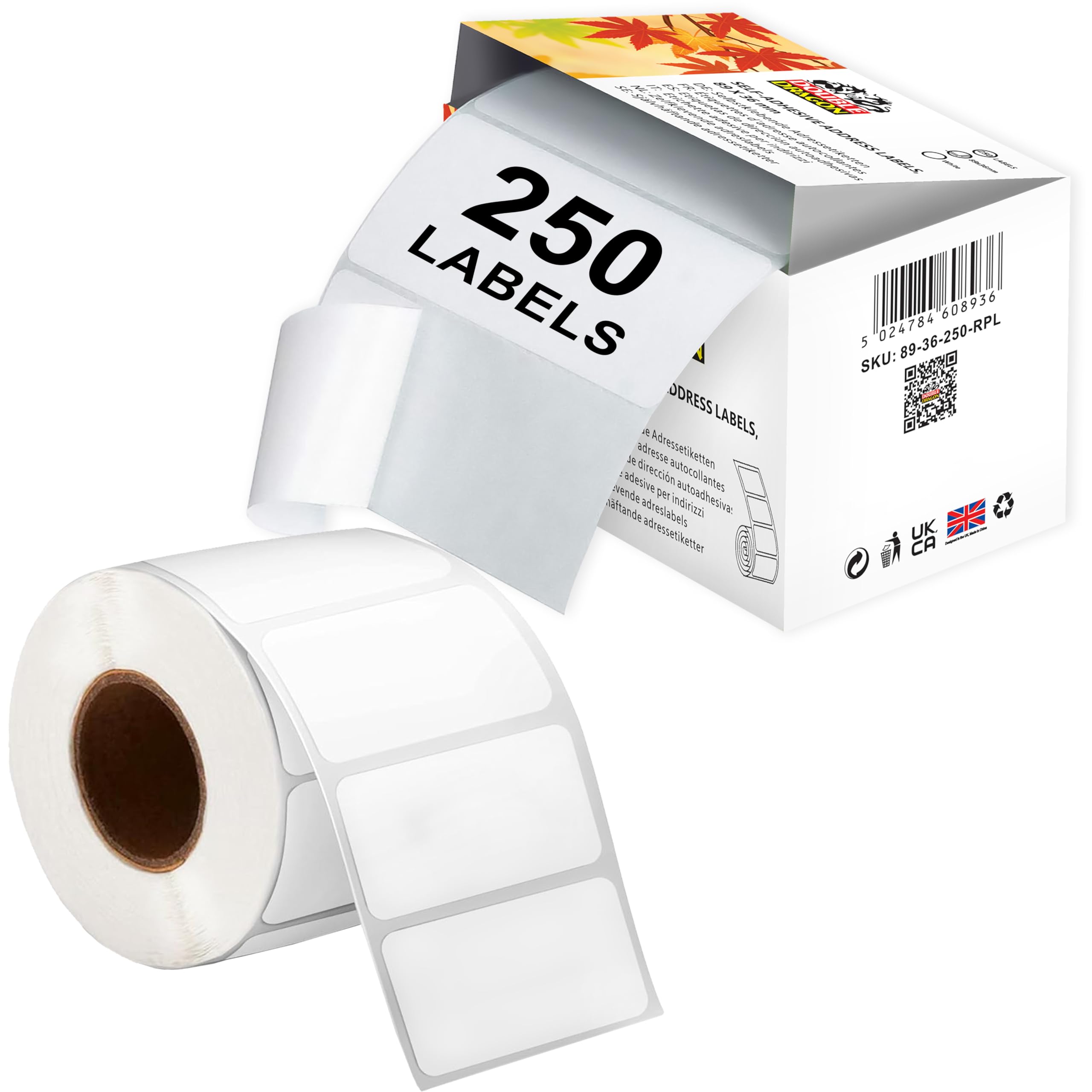 Double Dragon Address Labels - 250 Labels/Roll | 89mm x 36mm | Self-Adhesive for Laser/Inkjet