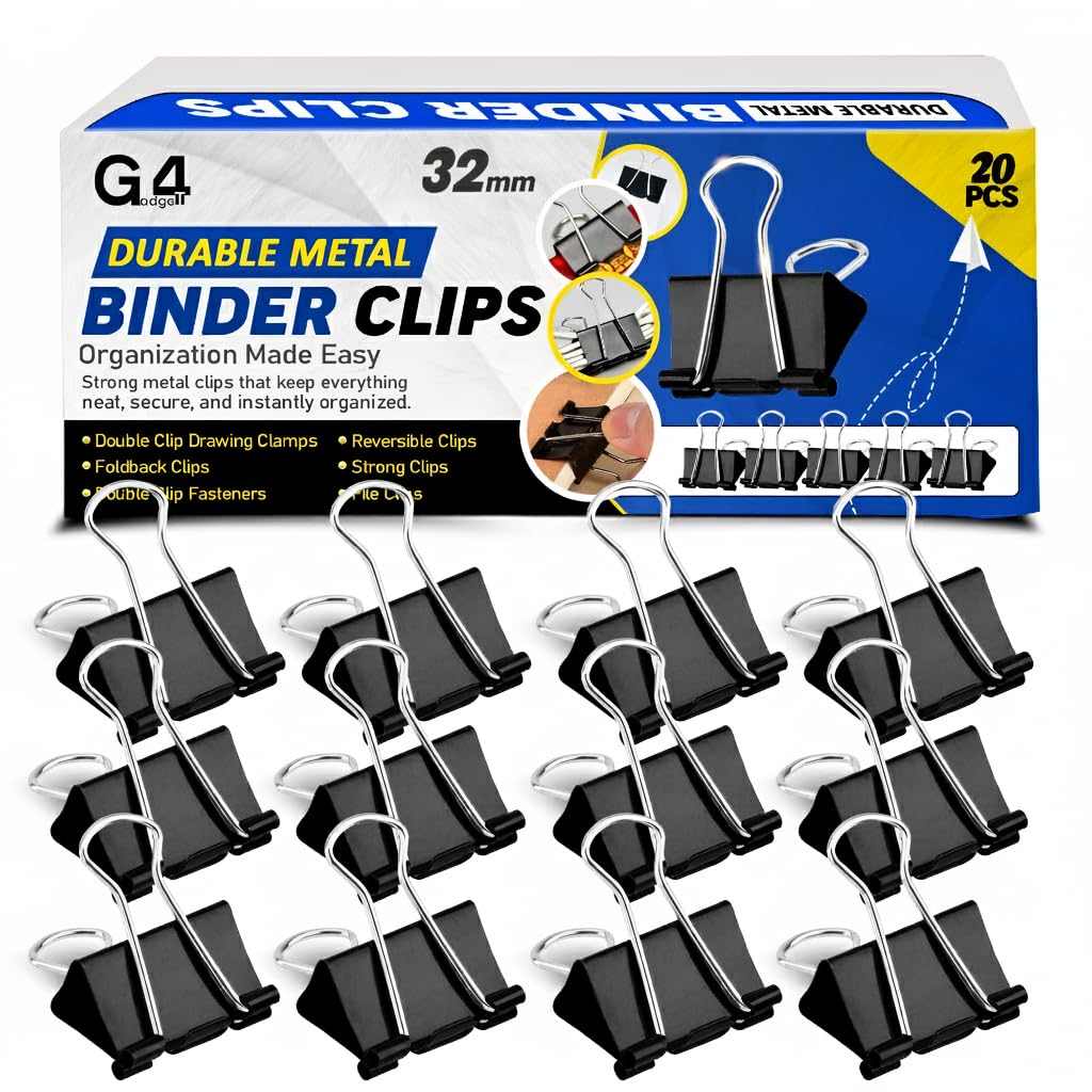 G4GADGET Binder Clips - 32mm Medium, Black, 20 Pack | Heavy-Duty Metal Grip
