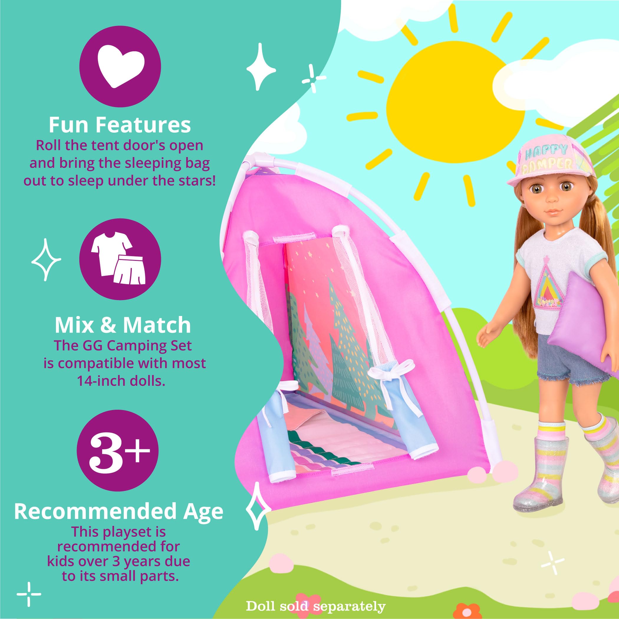 Glitter Girls Camping Set - 14-Inch Doll Play Tent with Rainbow Sleeping Bag & Pillow - 3+ Years 11