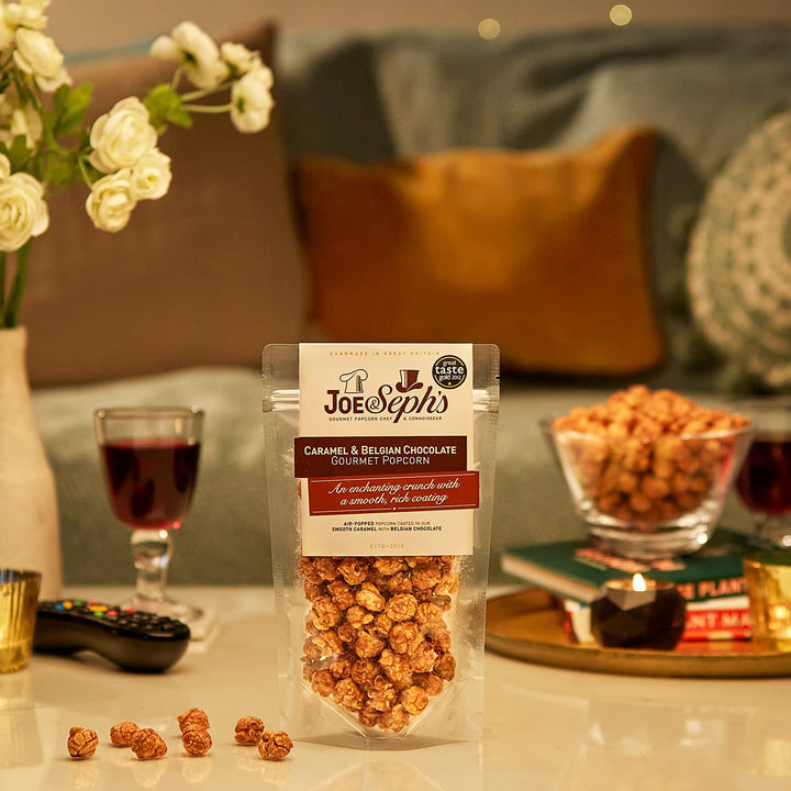 Joe & Sephs Belgian Chocolate Popcorn (4x80g) - Gourmet Air-Popped Snack, 1 Star Great Taste Award, Vegetarian, Movie Night Treat