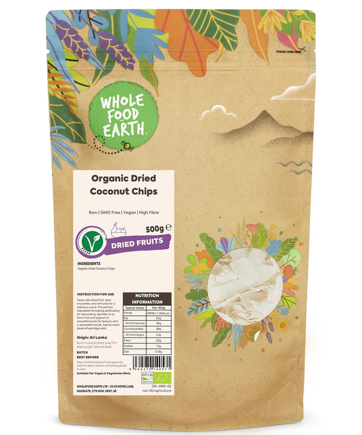 Wholefood Earth Organic Dried Coconut Chips – 500g Raw, GMO Free, Vegan