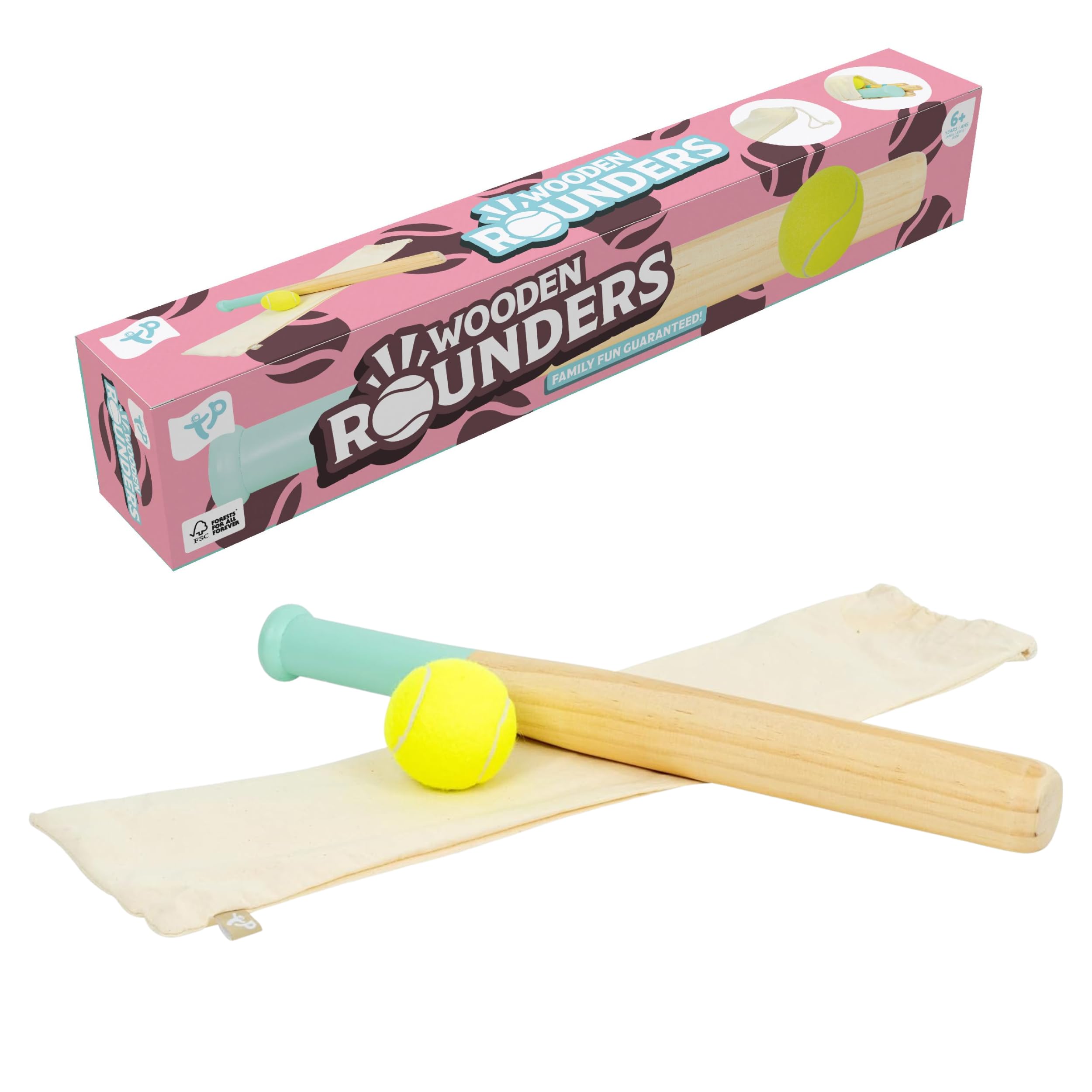 TP Toys Wooden Rounders Set - FSC Certified Outdoor Garden Game for Kids 6+ | Pastel | Includes Bat, Ball, 4 Stumps & Bag