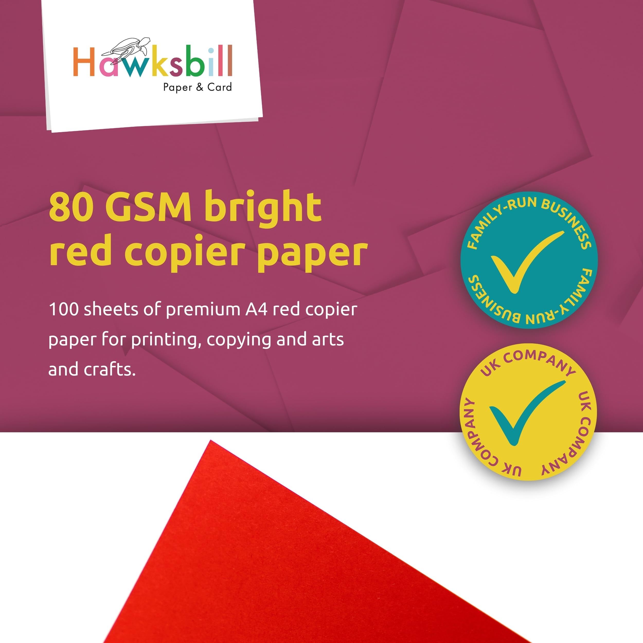 Hawksbill Bright Red Copy Paper - 80 GSM A4, 100 Sheet Pack | Smooth Surface, Dyslexia-Friendly