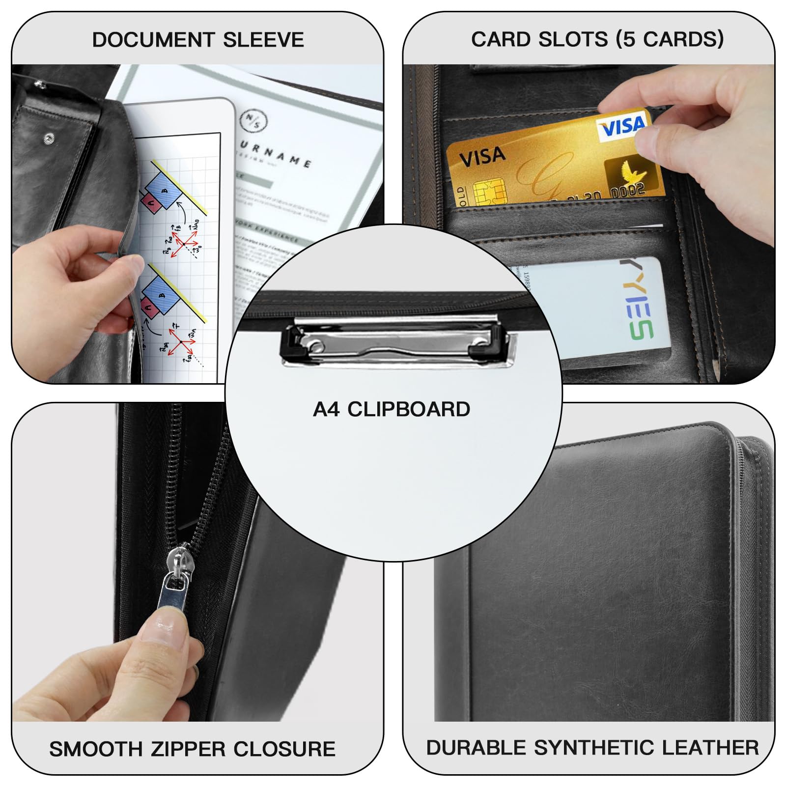 NEWYES A4 Zippered PU Leather Travel Portfolio - Black, Waterproof | 5 Card Slots, Pen Holder 4