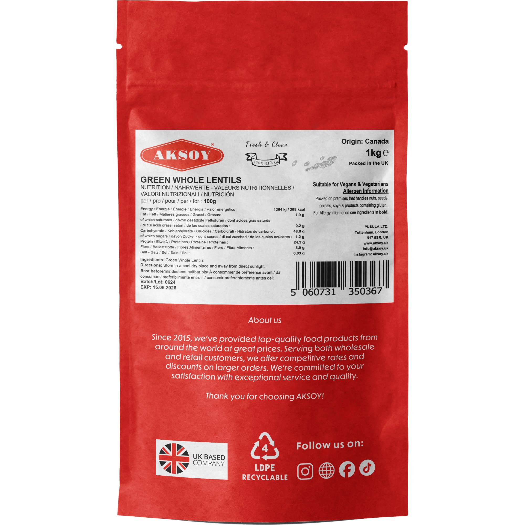 AKSOY Green Whole Lentils - 1kg Bag | Rich in Iron & Folate | Suitable for Vegetarians & Vegans 5