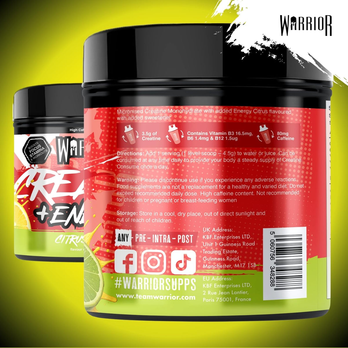 Warrior Creatine Plus Energy Pre Workout Drink Mix with Caffeine - Citrus Blast, 360g