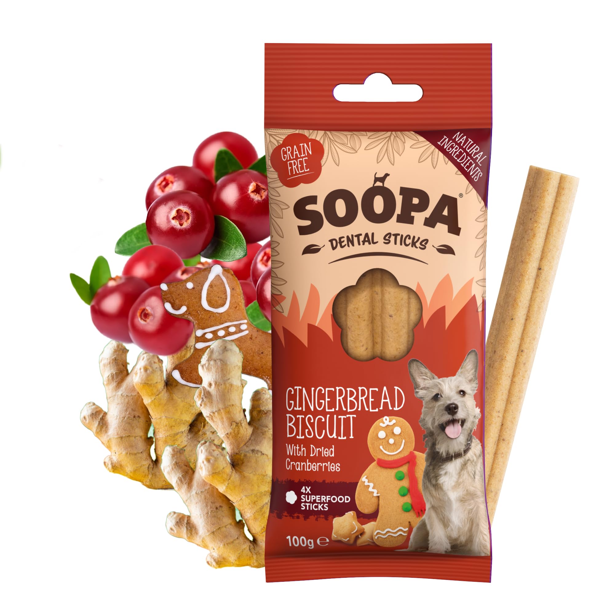 Soopa Gingerbread Biscuit Dog Dental Sticks - 100g | Hypo-allergenic | Aids Digestion