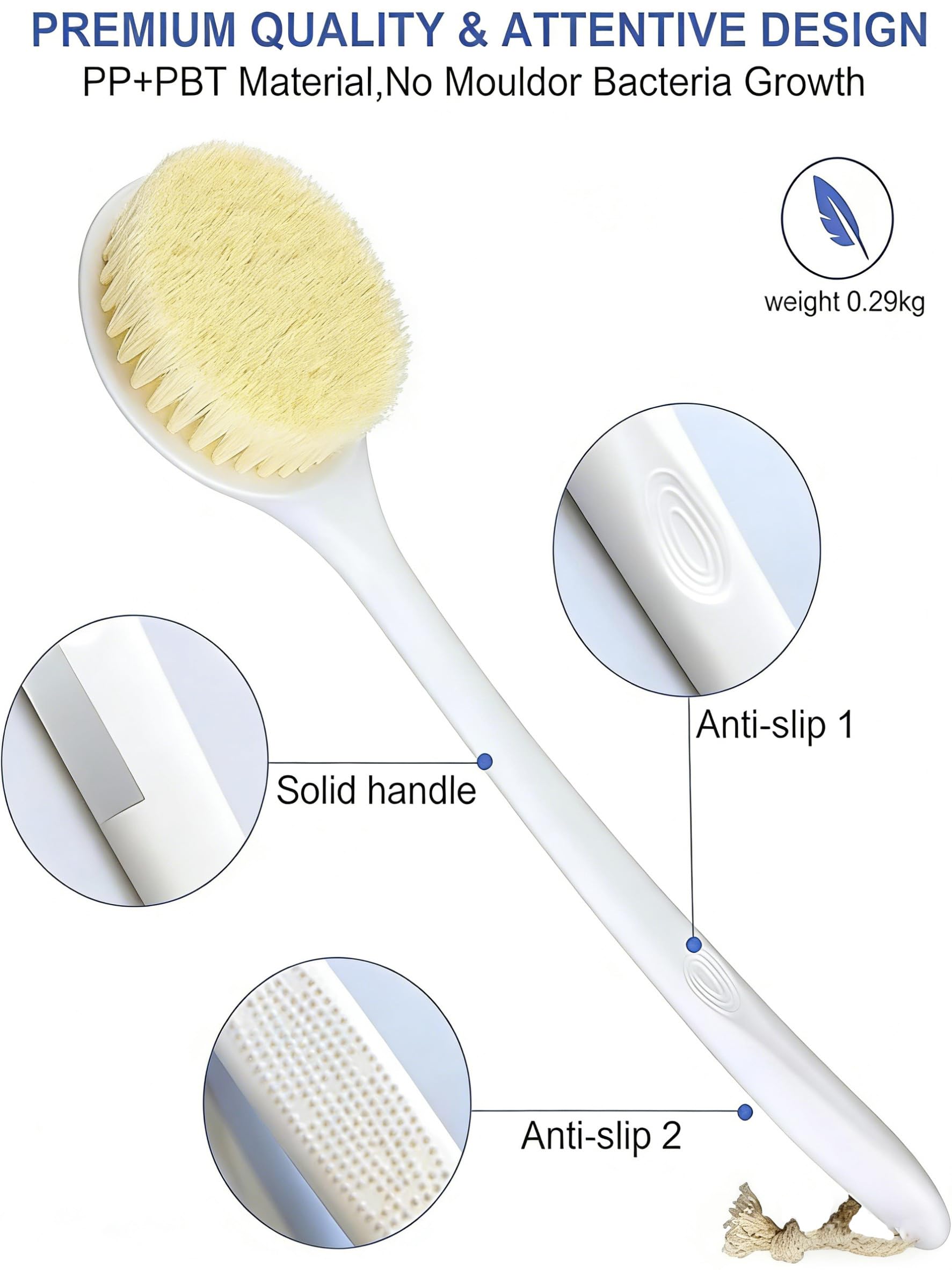 elzle Back Scrubber - 38cm Long Handle, Natural Soft Bristles | Wet/Dry Use