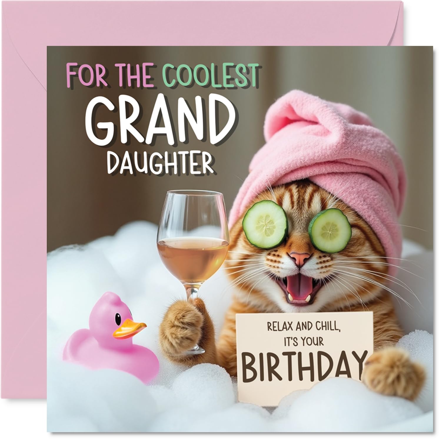 Stuff4 Funny Granddaughter Birthday Card - Relaxing Bath Cat Design | 145mm x 145mm