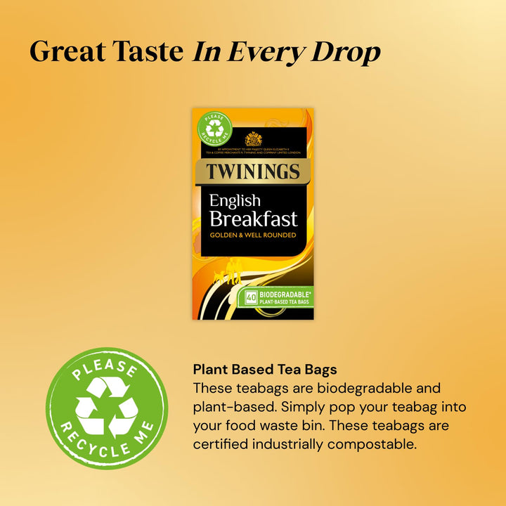 Twinings English Breakfast Black Tea Golden, Well Rounded & Full Bodied, 40 Biodegradable Tea Bags