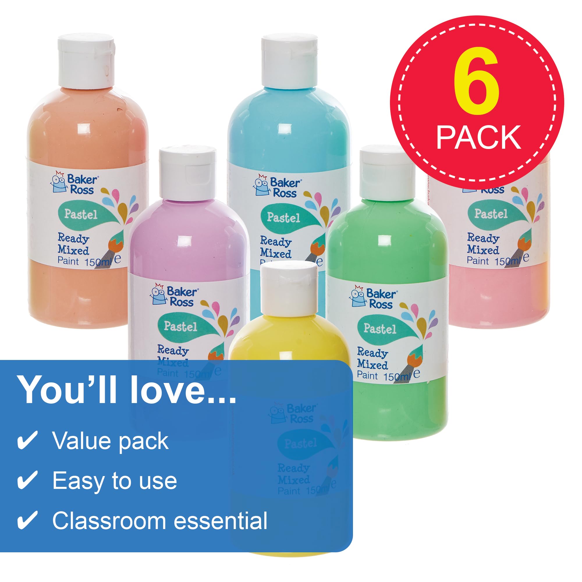 Baker Ross FN240 Pastel Ready Mixed Poster Paint Pack - 6 x 150ml Bottles 2