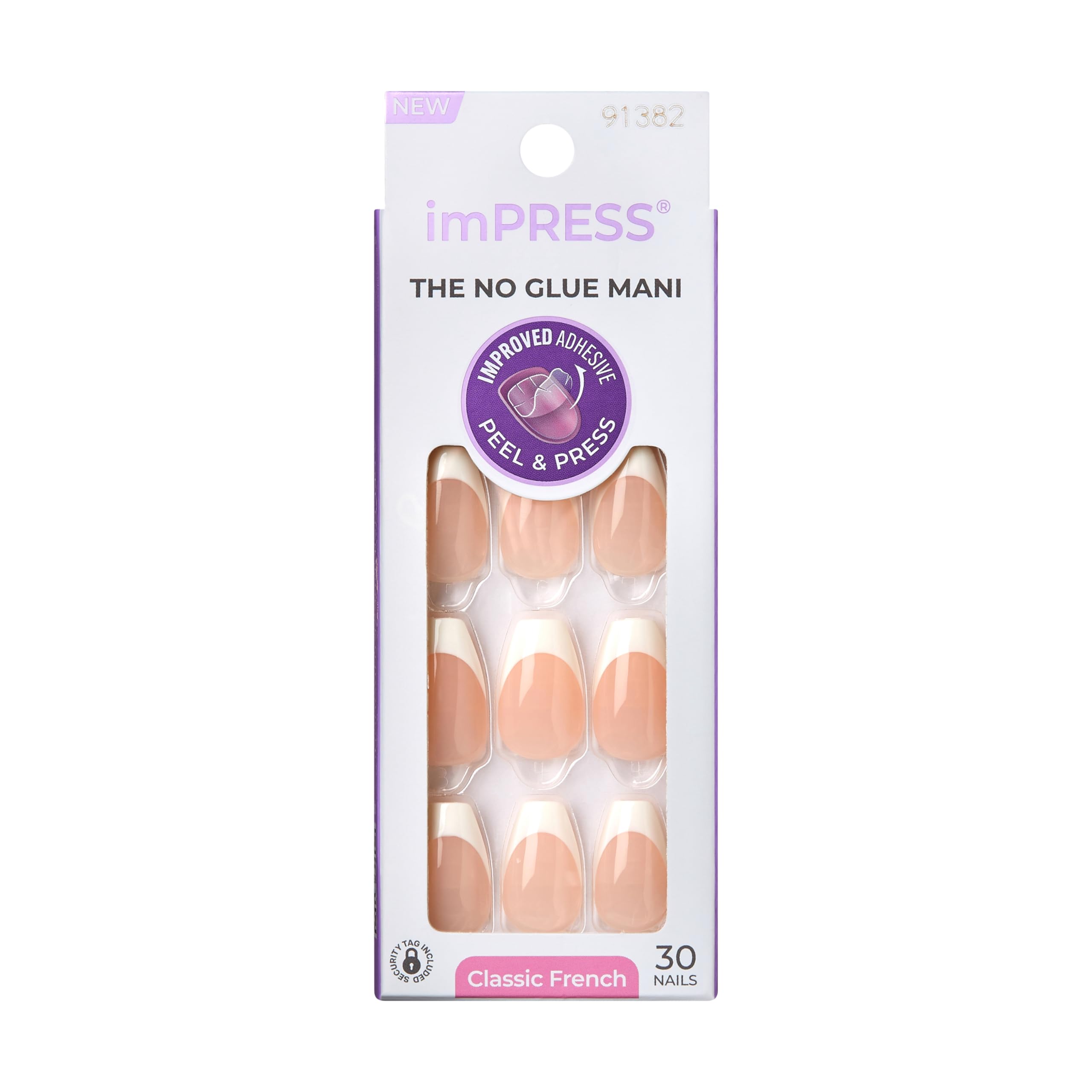 imPRESS Classic French Press-On Nails - No Glue Needed, White Tips, Medium Coffin Shape 8