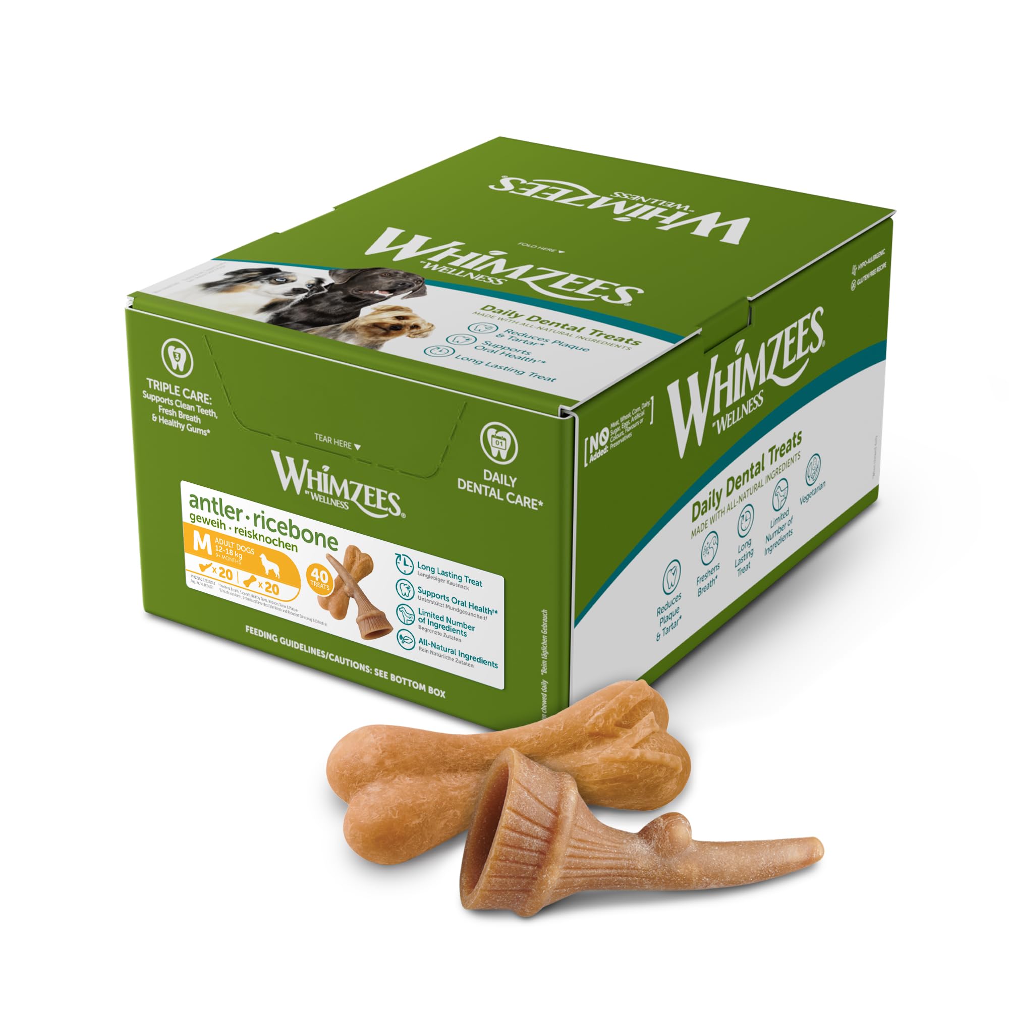 WHIMZEES Variety Box Dog Dental Sticks - Size M, 40 Count | Grain Free | Chamomile Flavor