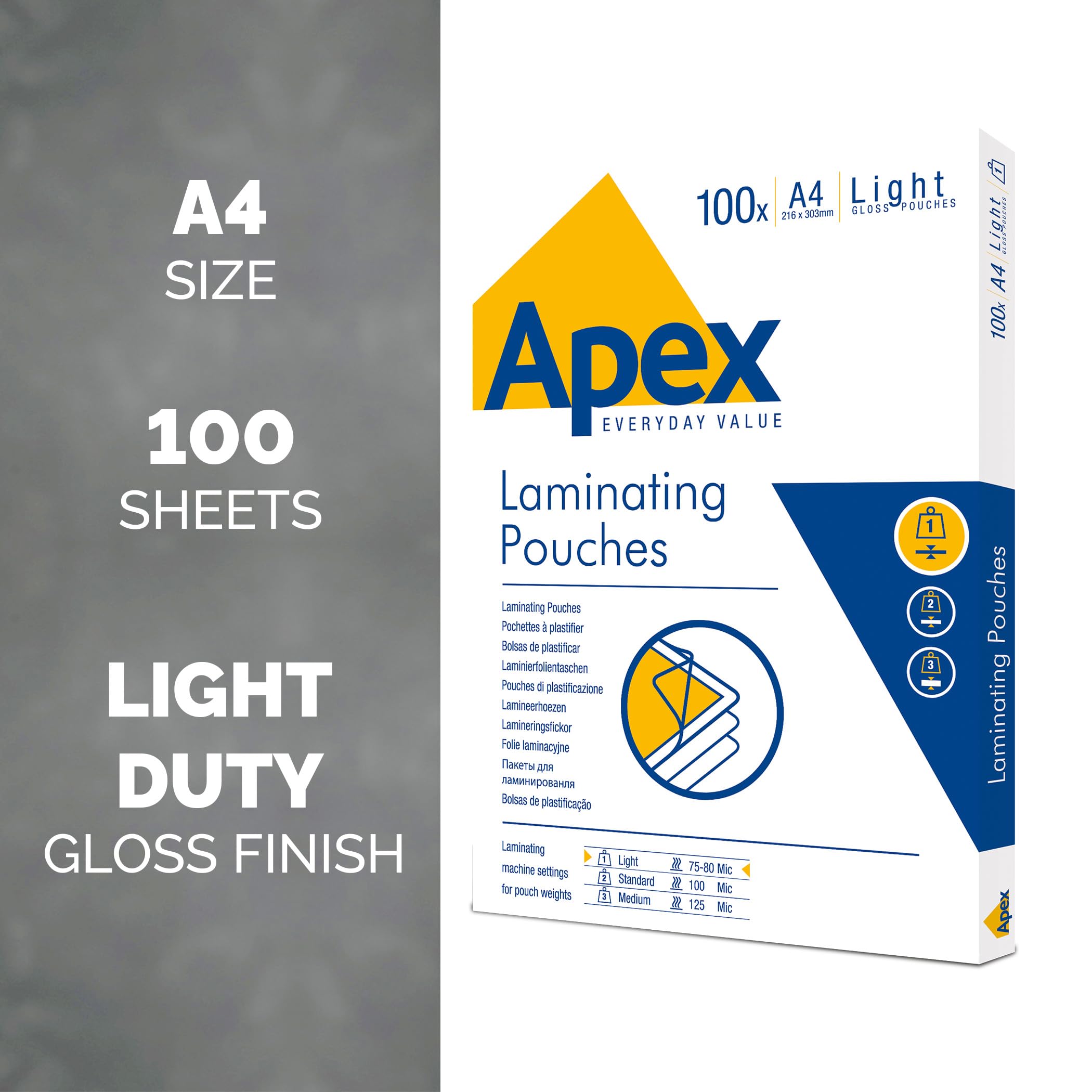 Fellowes Apex A4 Light Duty Laminating Pouches - Gloss Finish | 80 Micron | Pack of 100