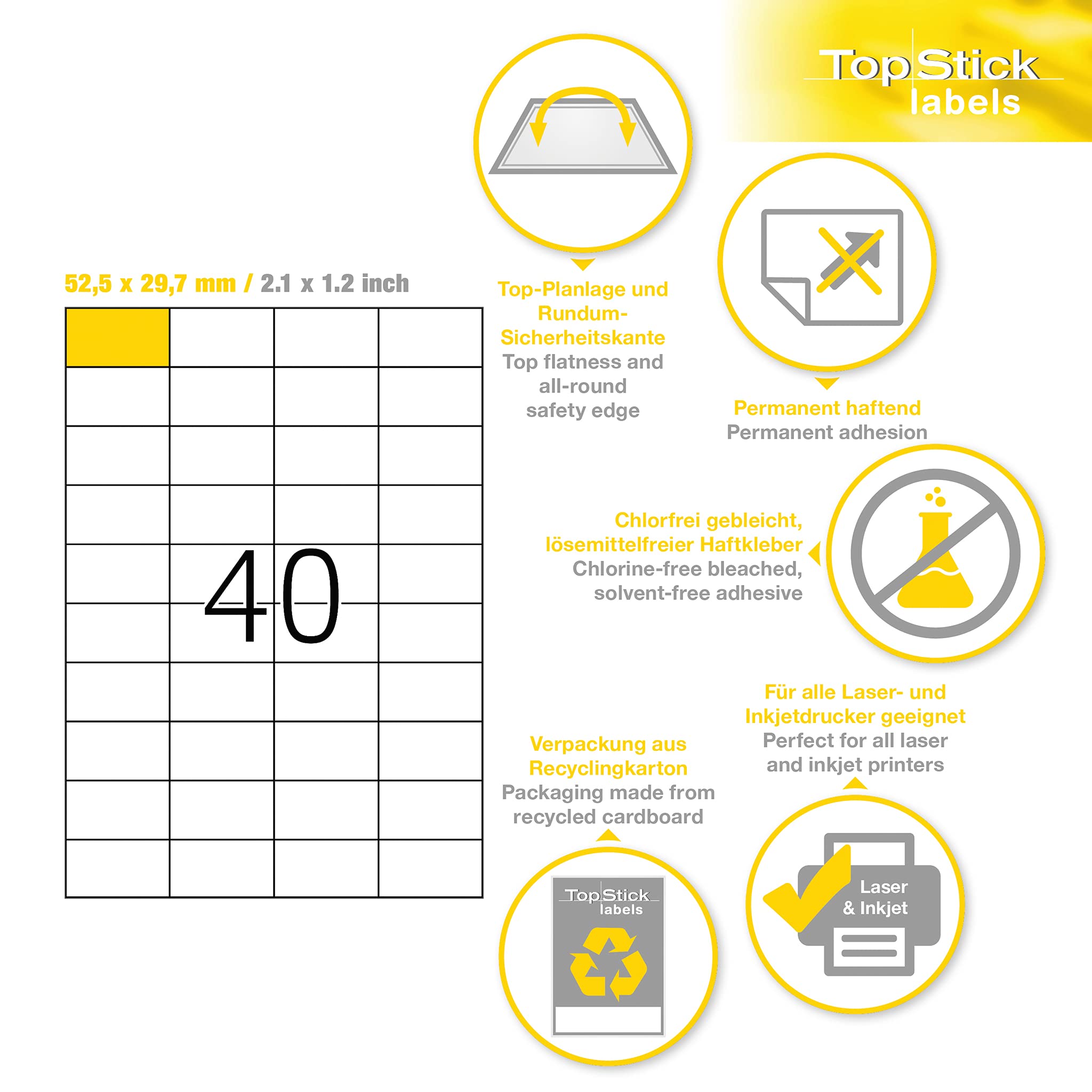 TopStick Self Adhesive Multi-Purpose Labels - 4000 Labels | 52.5 x 29.7 mm | Inkjet & Laser Compatible 6
