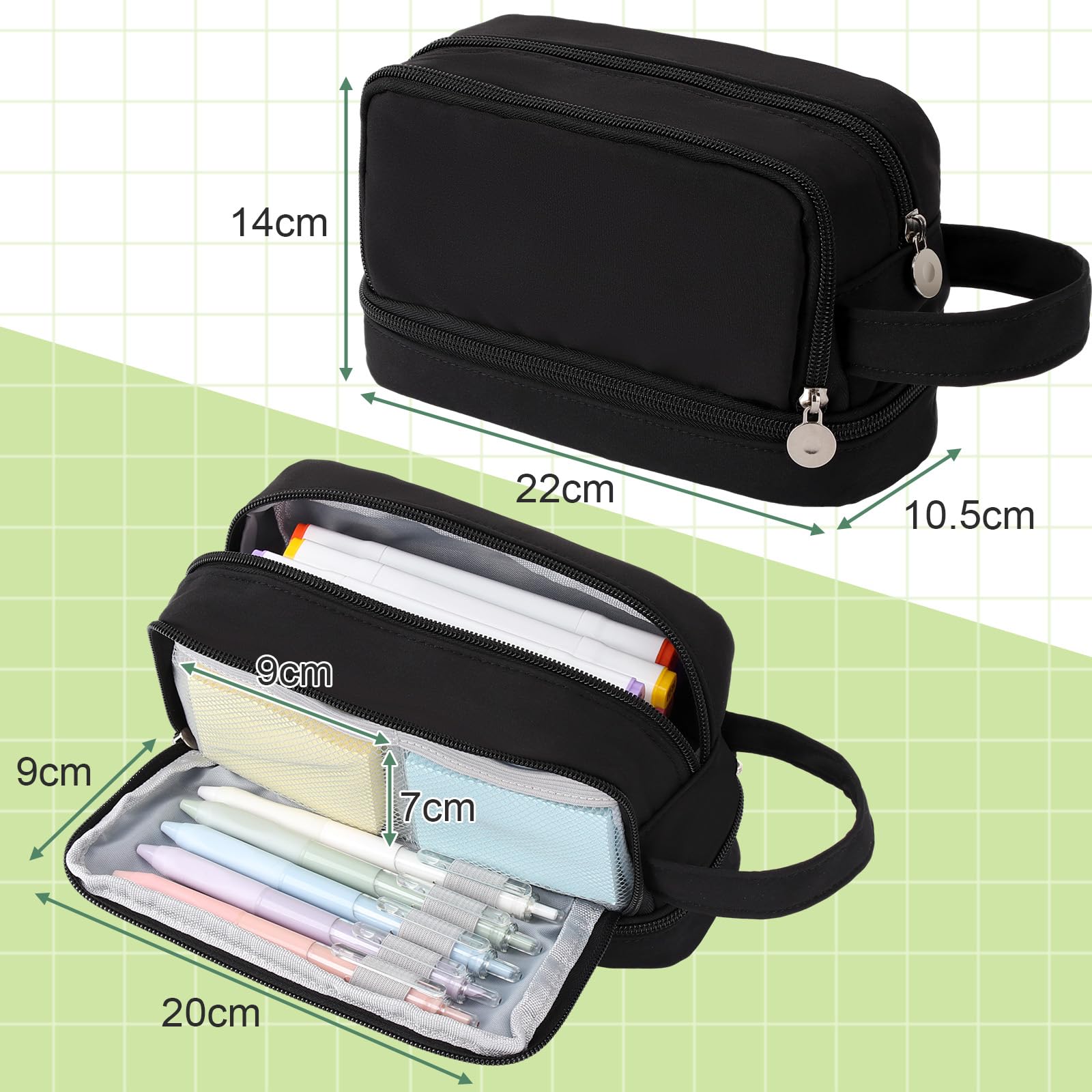 Alyvisun Large Capacity Pencil Case - 3 Compartments, Durable Canvas, Black | 22cm x 9cm x 14cm 7