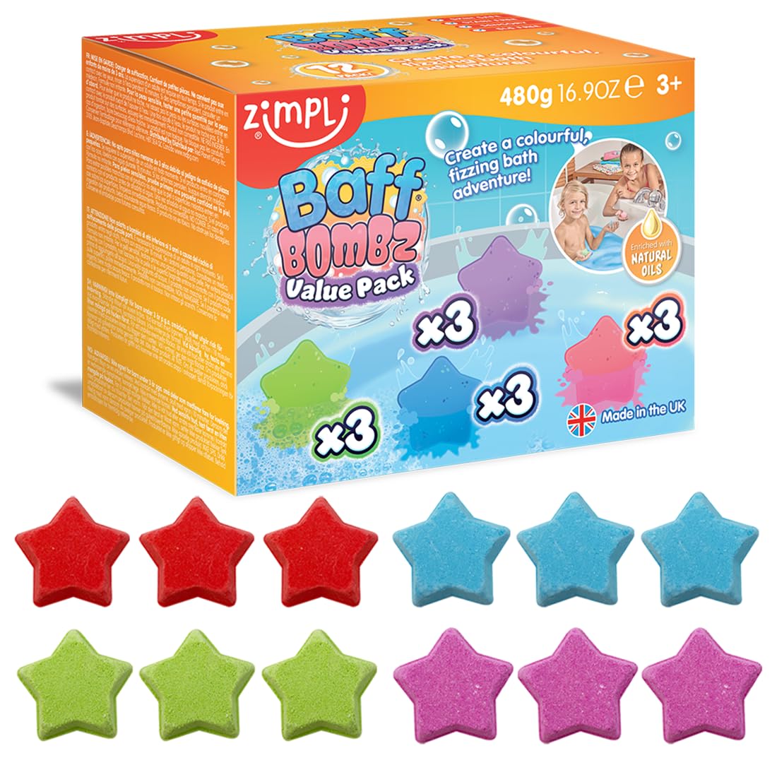 ZIMPLI Baff Bombz - 12 Pack Star Bath Fizzers for Colourful, Moisturising Fun | UK Made 1