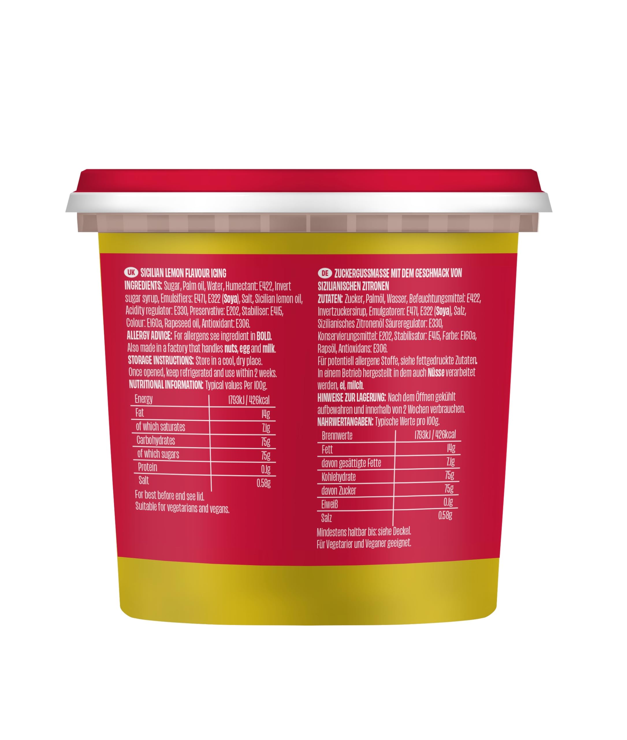 Renshaw Sicilian Lemon Vegan Buttercream Style Soft Icing - Ready to Use, 400g Tub
