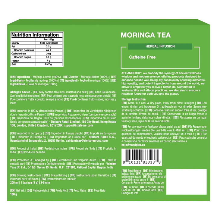 HANDPICK Moringa Tea Bags (100 Count) Non-GMO, Caffeine Free, Pure Moringa