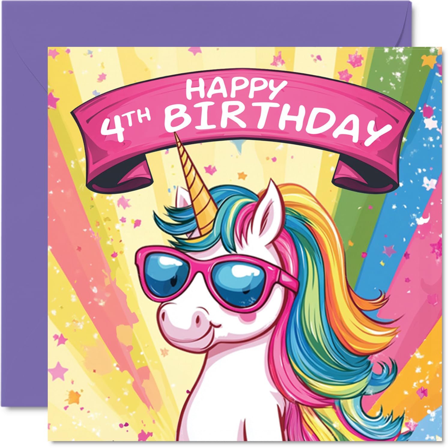 Stuff4 Girls 4th Birthday Card - Cool Unicorn Sunglasses | 145mm x 145mm | 300gsm