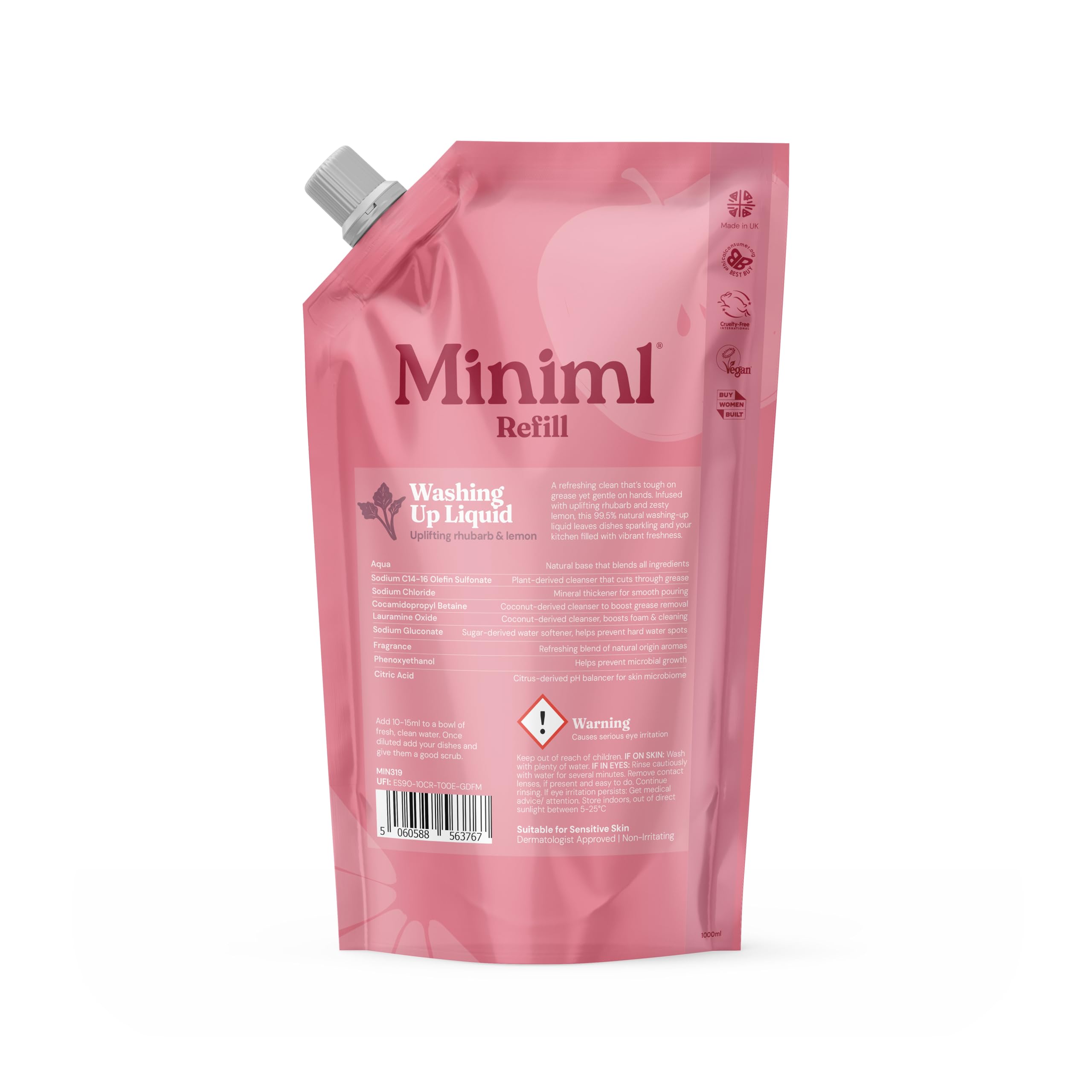 Miniml Eco Washing Up Liquid Refill - 1L Wild Rhubarb & Lemon | Plant-Powered, Skin Sensitive