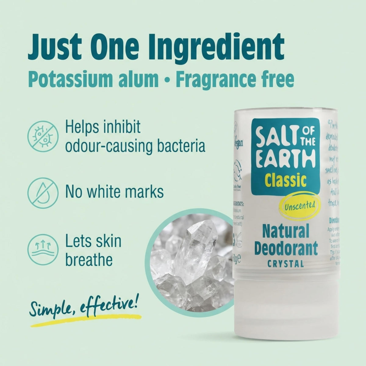 Salt of the Earth Crystal Classic Natural Deodorant - Fragrance Free, Vegan, 90g