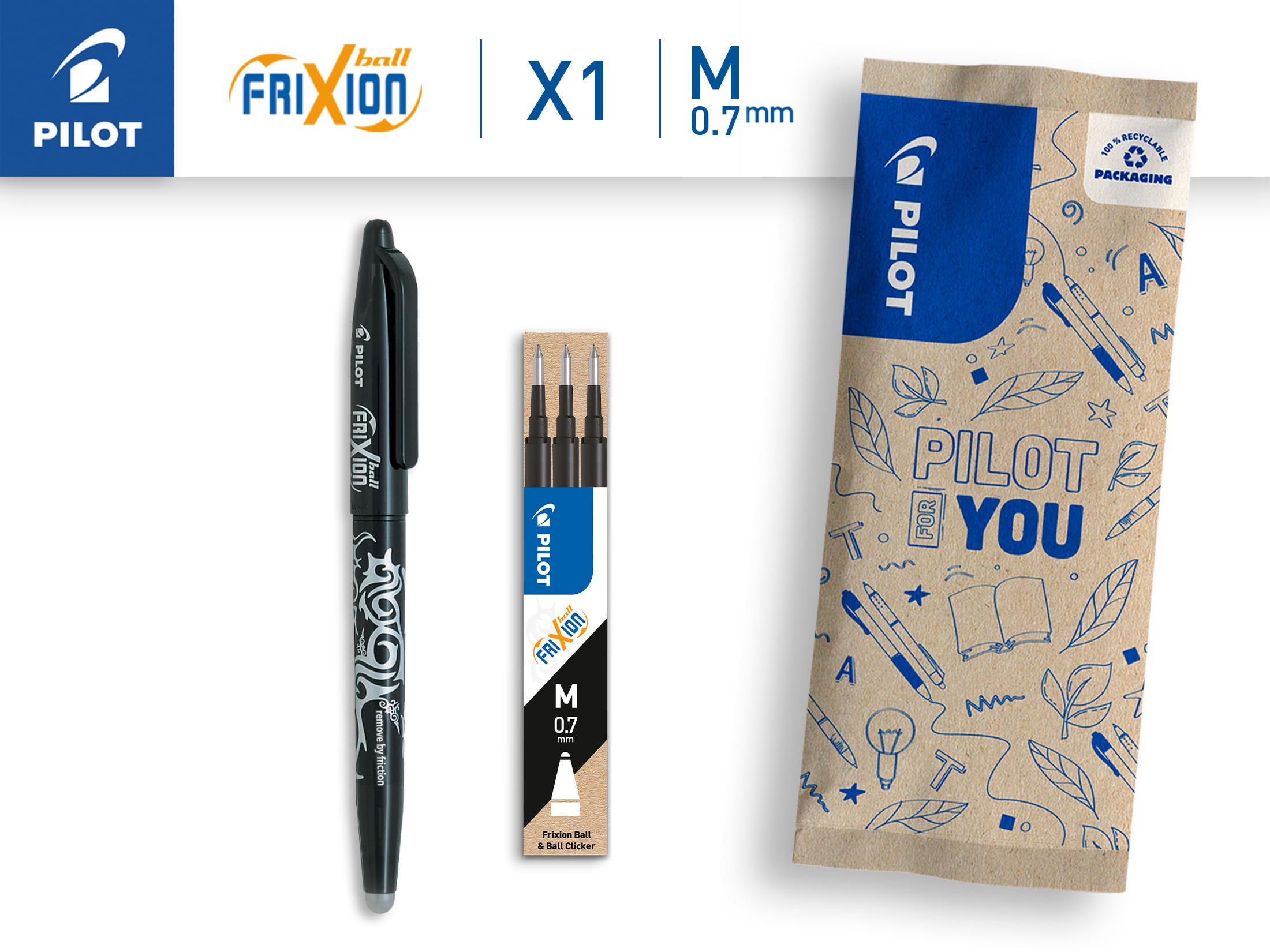PILOT FriXion Ball 07 Erasable Gel Ink Rollerball Pen Refills - Black (3 Pack)