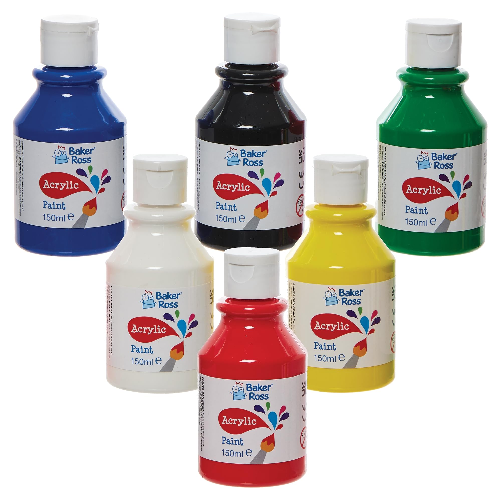 Baker Ross Primary Colours Acrylic Paints - 6 Pack, 150ml Bottles | Water-Based & Washable