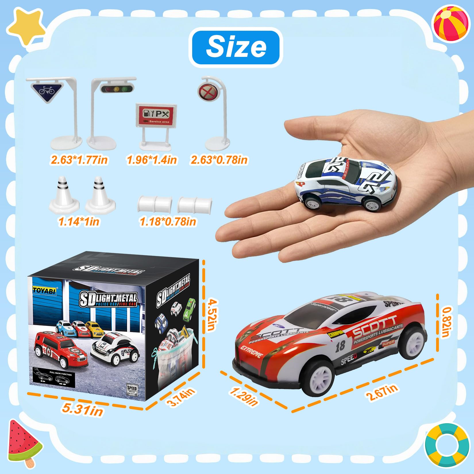 TOYABI 22Pcs Metal Race Car Set with 8 Roadblocks | Pull Back Action | Metal Shell 5