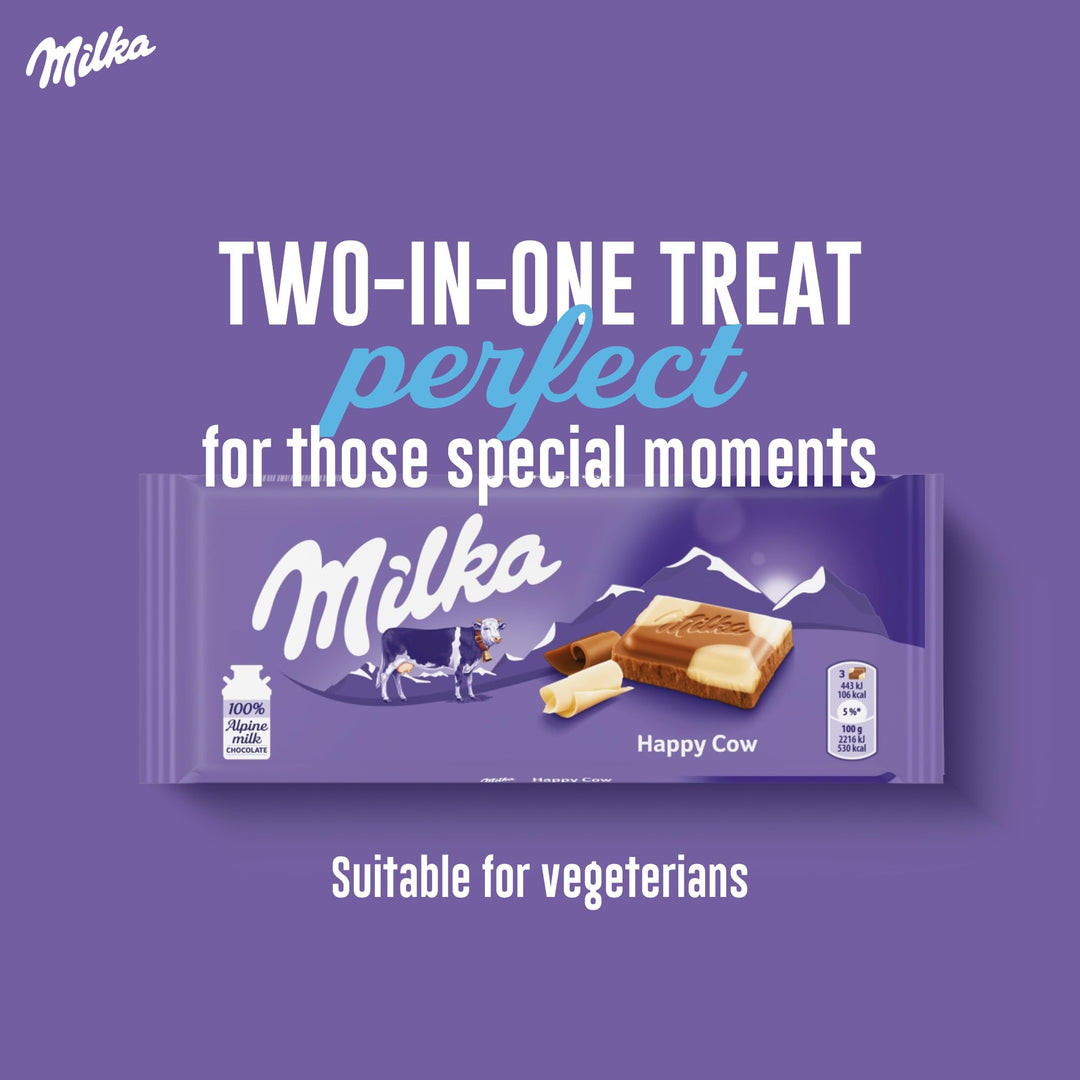 Milka Happy Cows Alpine Milk and White Chocolate Bar, Chocolate Harmony, 90g