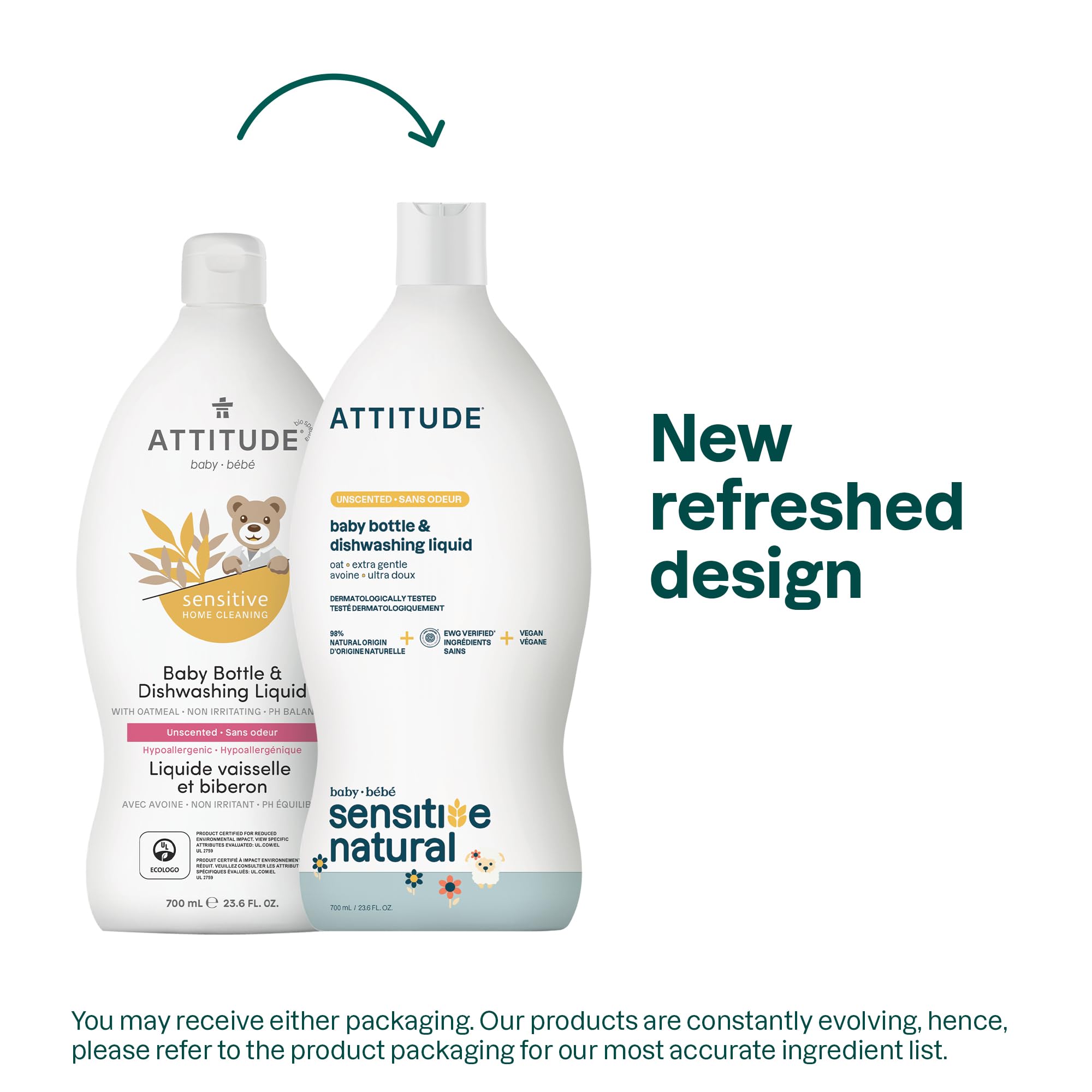 ATTITUDE Sensitive Skin Baby Natural Bottle and Dishwashing Liquid - EWG Verified, Unscented, Vegan Formula, 700 ml 2