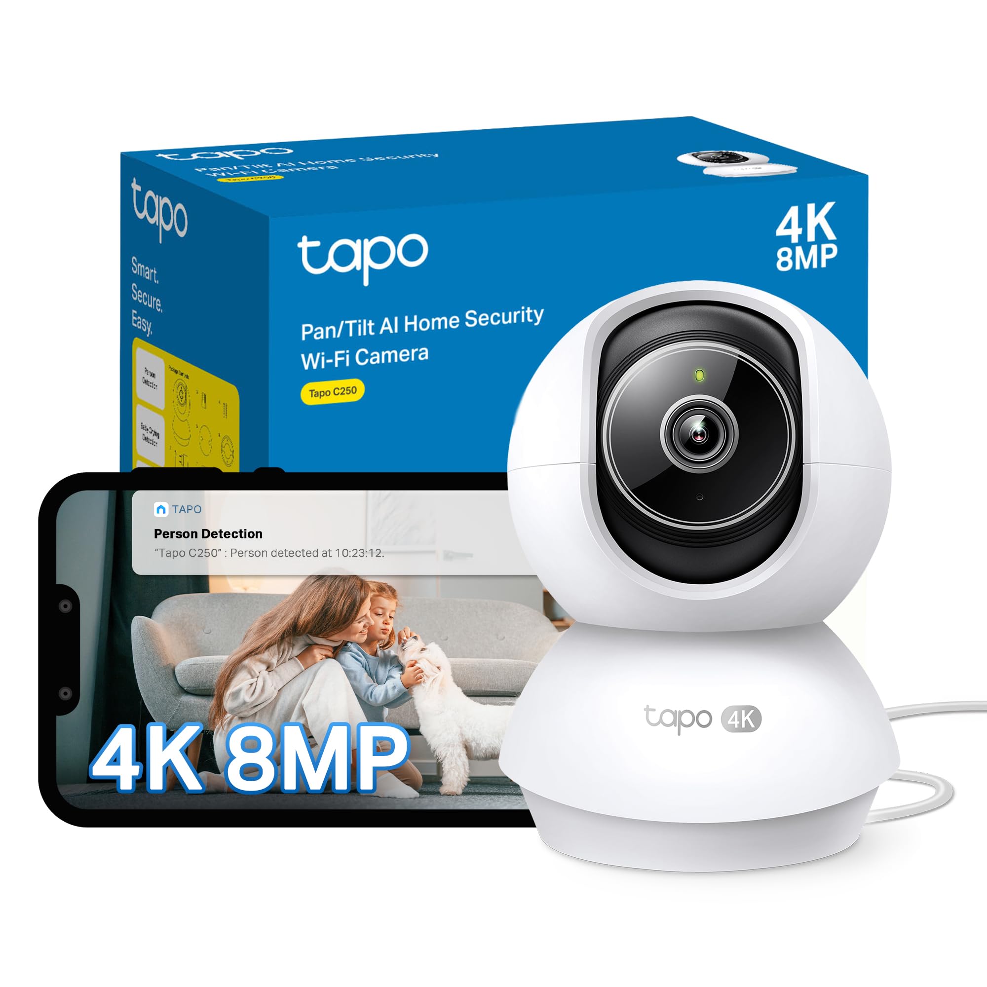 Tapo C250 4K 8MP Pan/Tilt Indoor Security Camera - 40ft Night Vision | AI Detection | Auto-Zoom Tracking