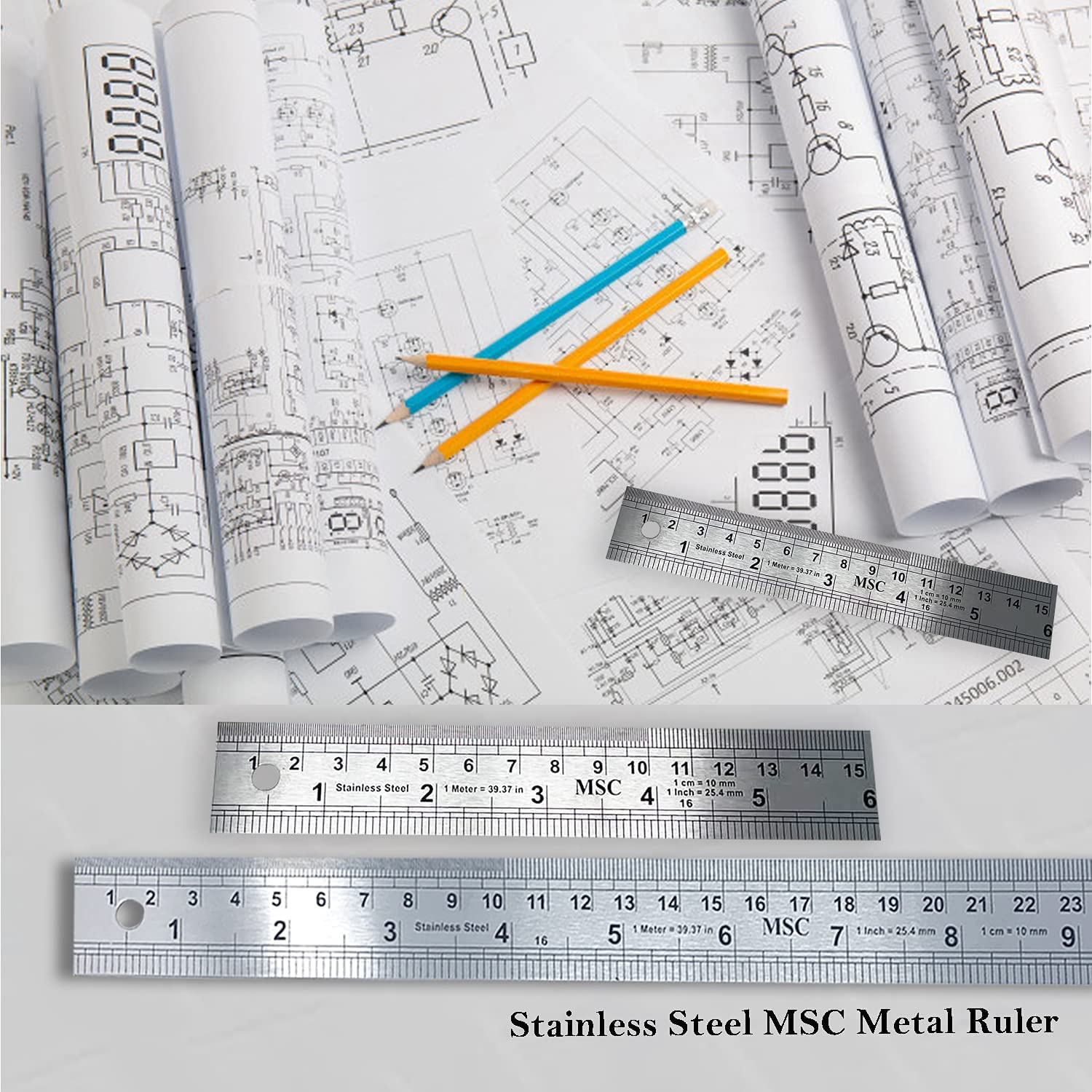 MSC Stainless Steel Ruler Set - 15cm & 30cm Metric/Imperial | Shatterproof Straight Edge