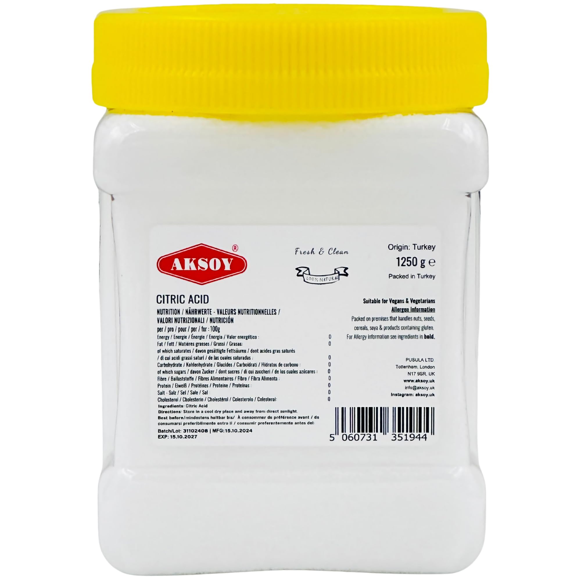 AKSOY Citric Acid Food Grade - 1.25KG Powder | Non-GMO De-Scaler & Cleaner