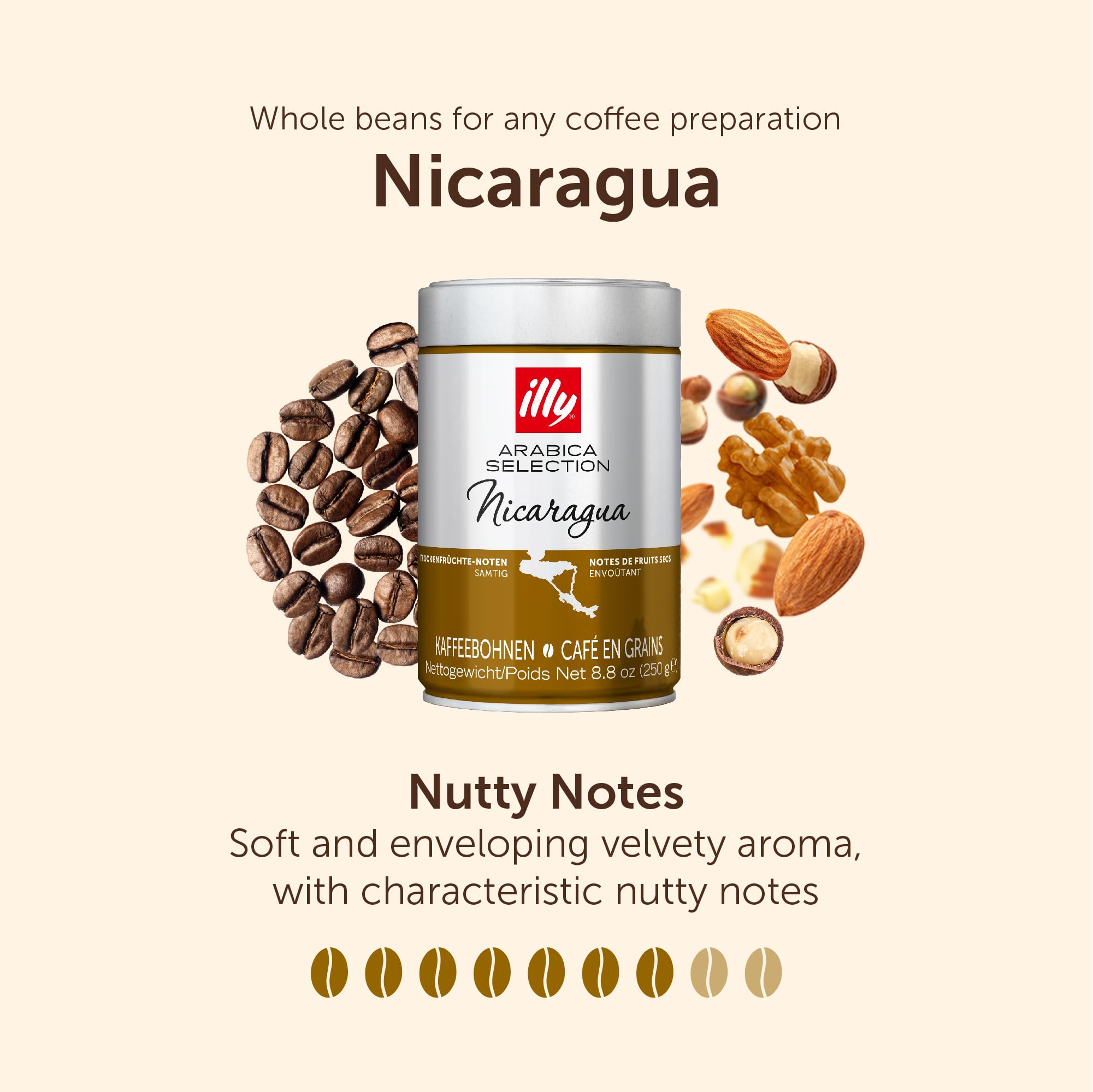 illy Nicaragua Medium Roast Whole Coffee Beans - 100% Arabica | Nutty Notes | 250g Tin