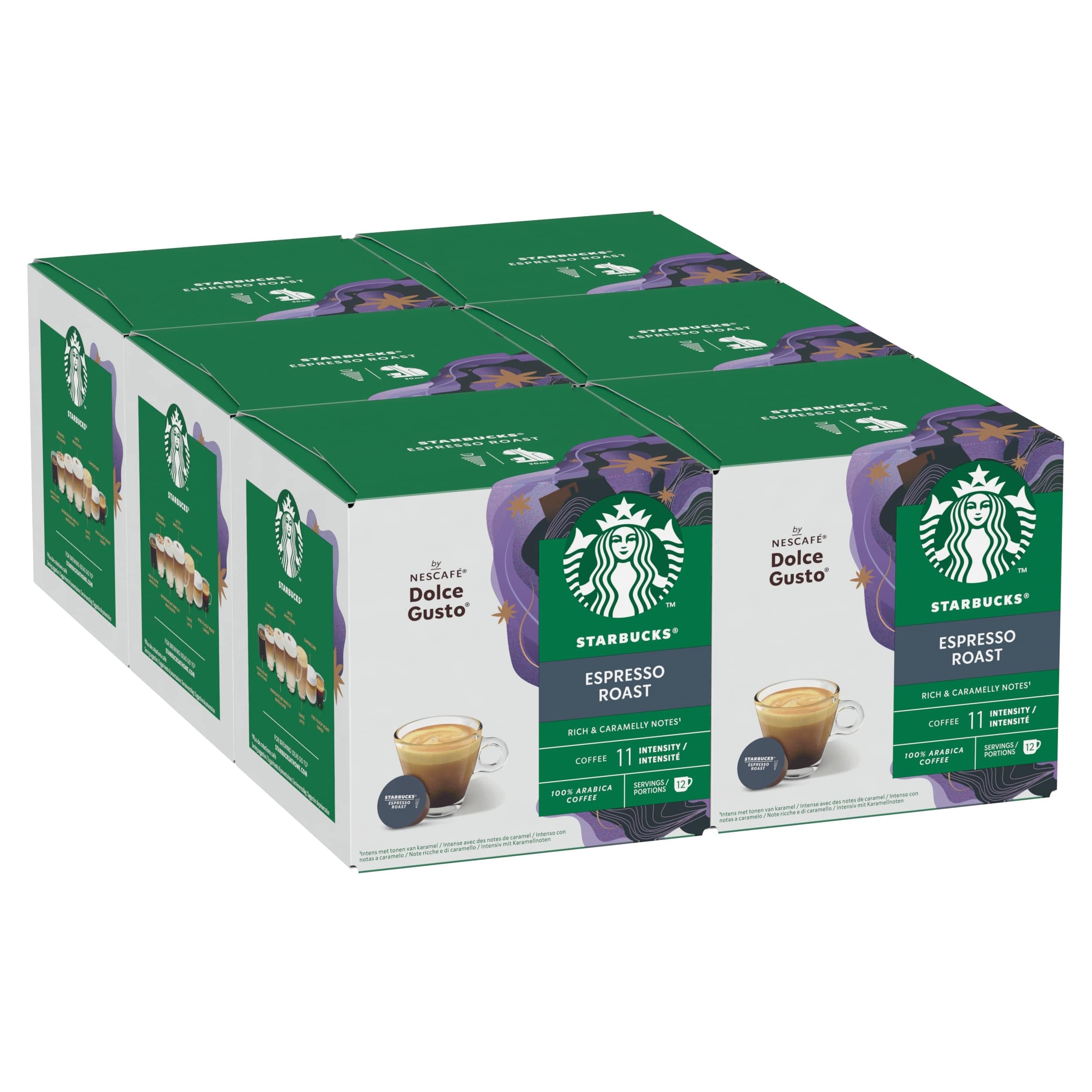 STARBUCKS Espresso Dark Roast Coffee Pods by NESCAFÉ Dolce Gusto - 72 Capsules (6 Boxes)