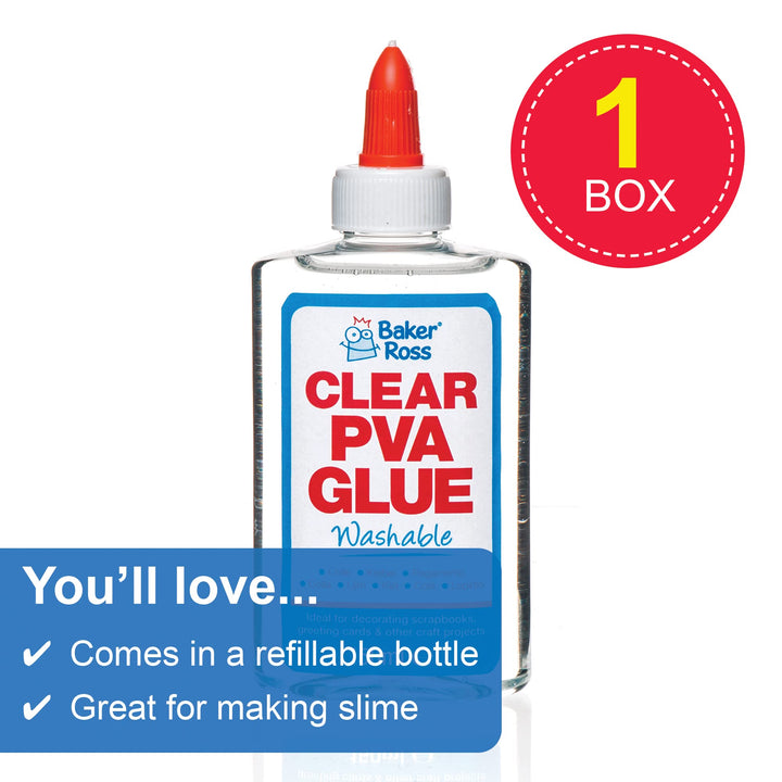Baker Ross AR533 Clear PVA Glue - 150 ml Washable Craft Glue for Kids Ages 3+