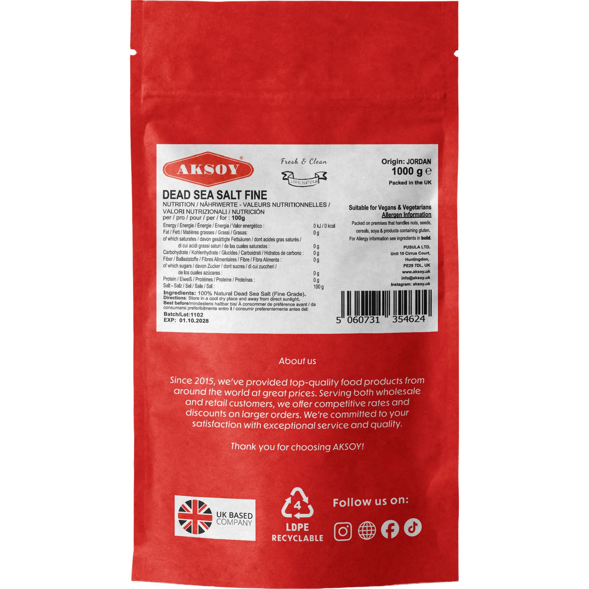 AKSOY Dead Sea Bath Salts - 1kg Fine Mineral Rich Bath Soak for Relaxation and Skincare
