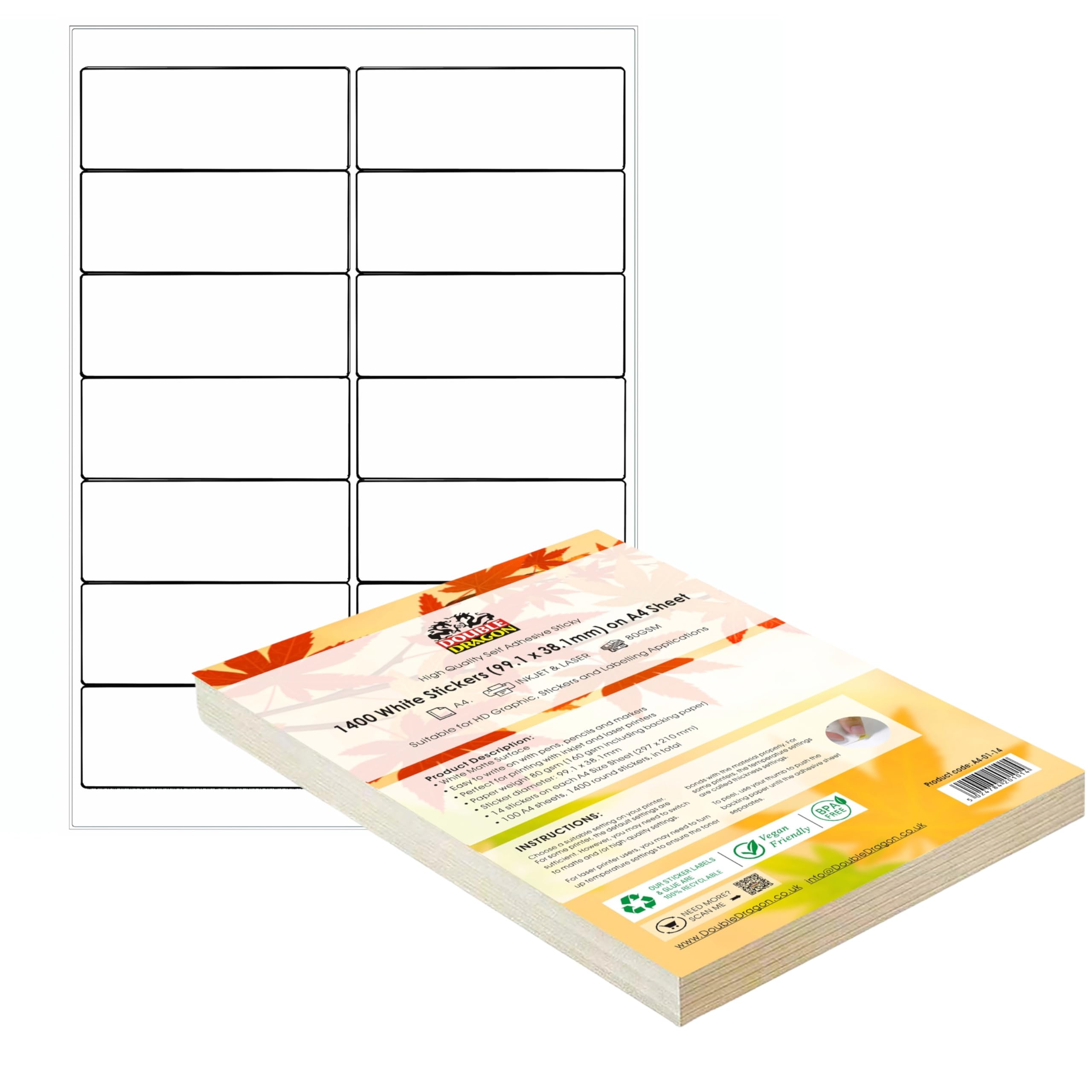Double Dragon A4 Self Adhesive Address Labels, 1400 Labels, 100 Sheets, Matte White