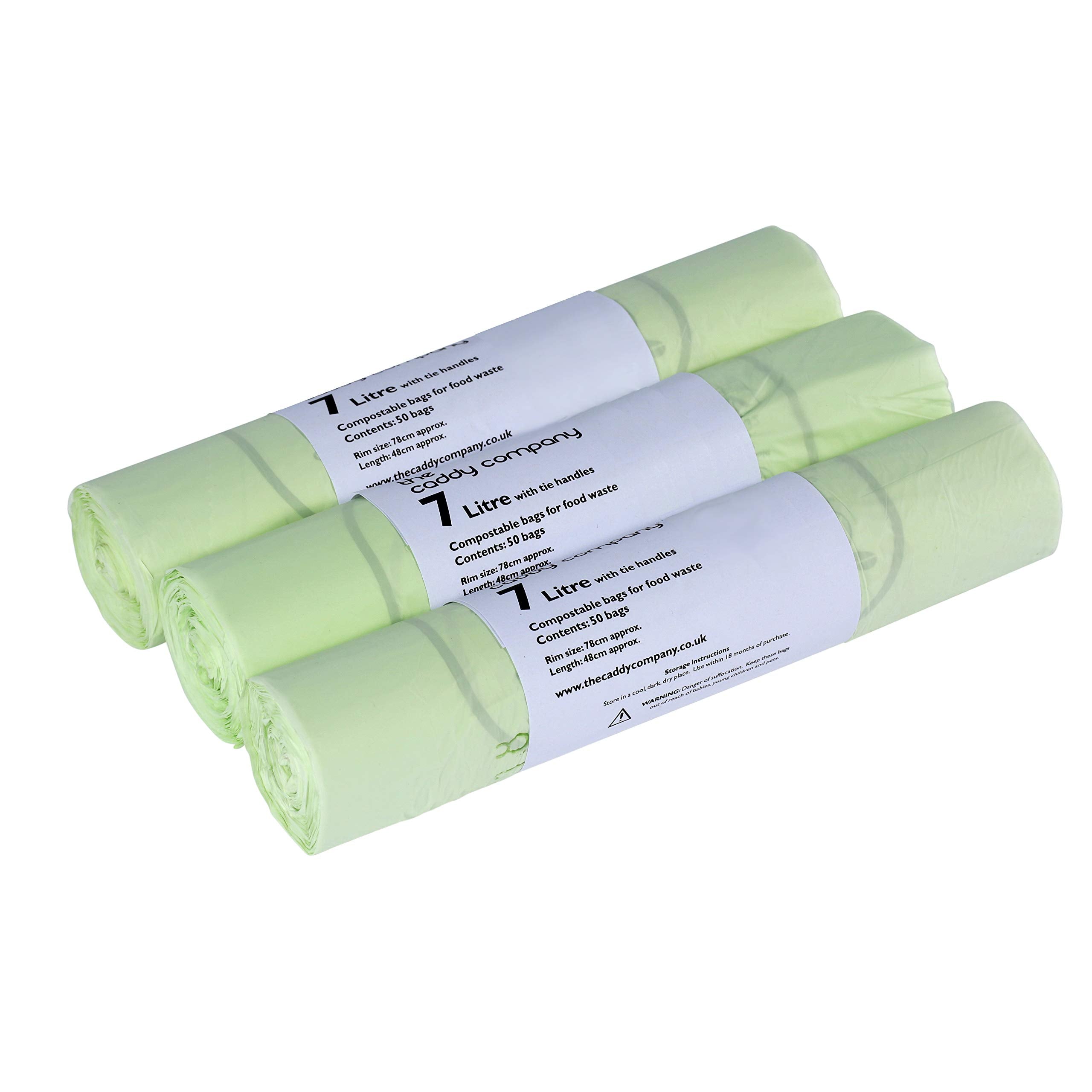 The Caddy Company Tie Handle Compostable Kitchen Caddy Liners - 7 Litre Capacity | 150 Bags Total | Green