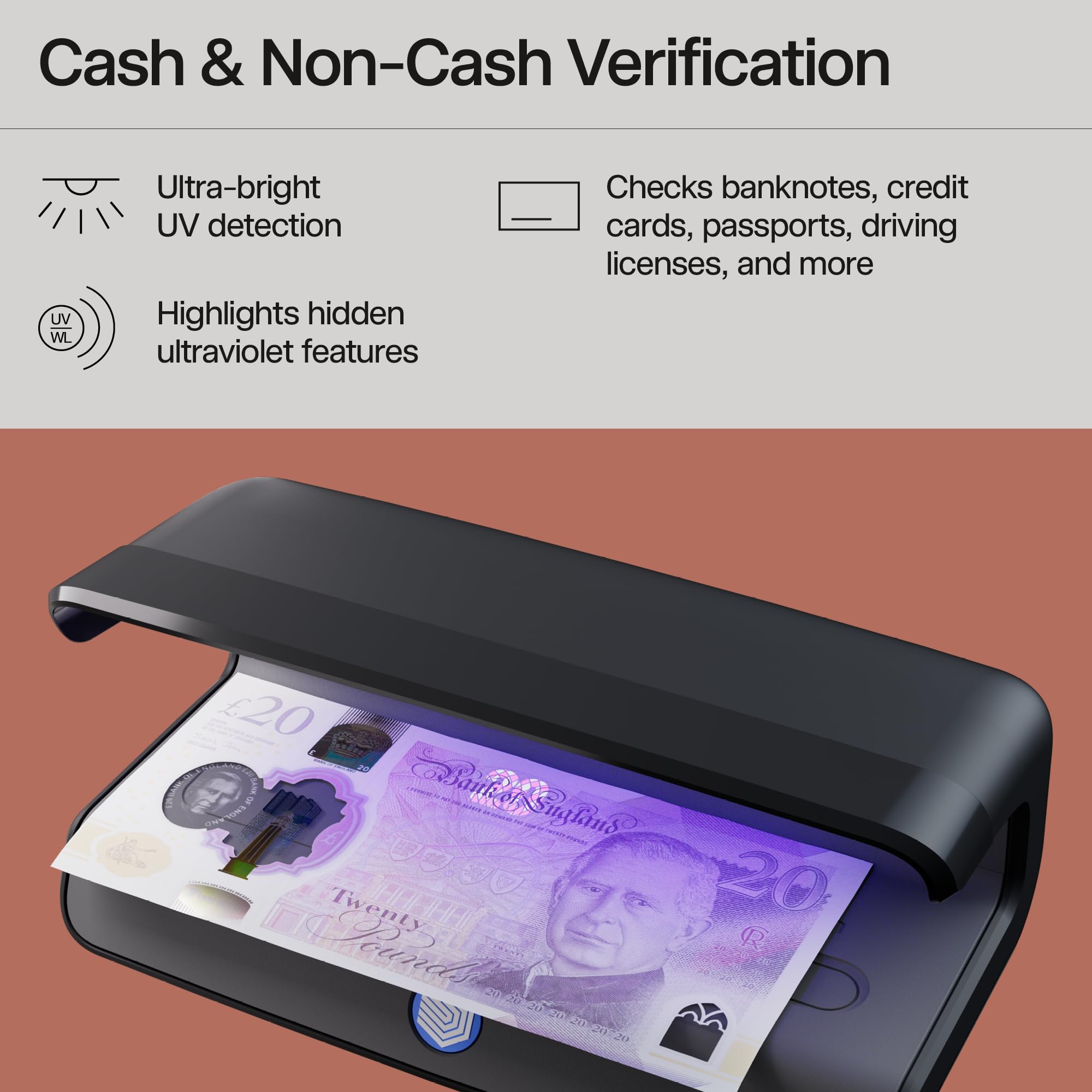 Safescan 55 LED Counterfeit Detector with Ultra-Bright UV Light | Global Currency Support | USB-C 2