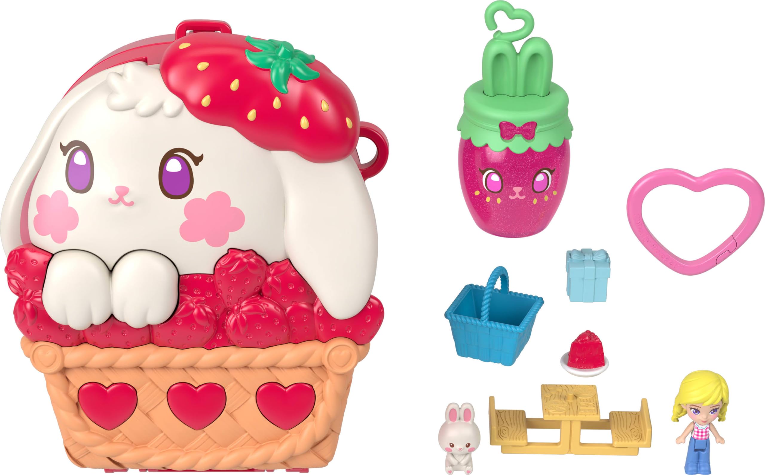 Polly Pocket Strawberry Picnic Bunny Compact Playset | Micro Doll & 8 Accessories | Ages 4+ 1