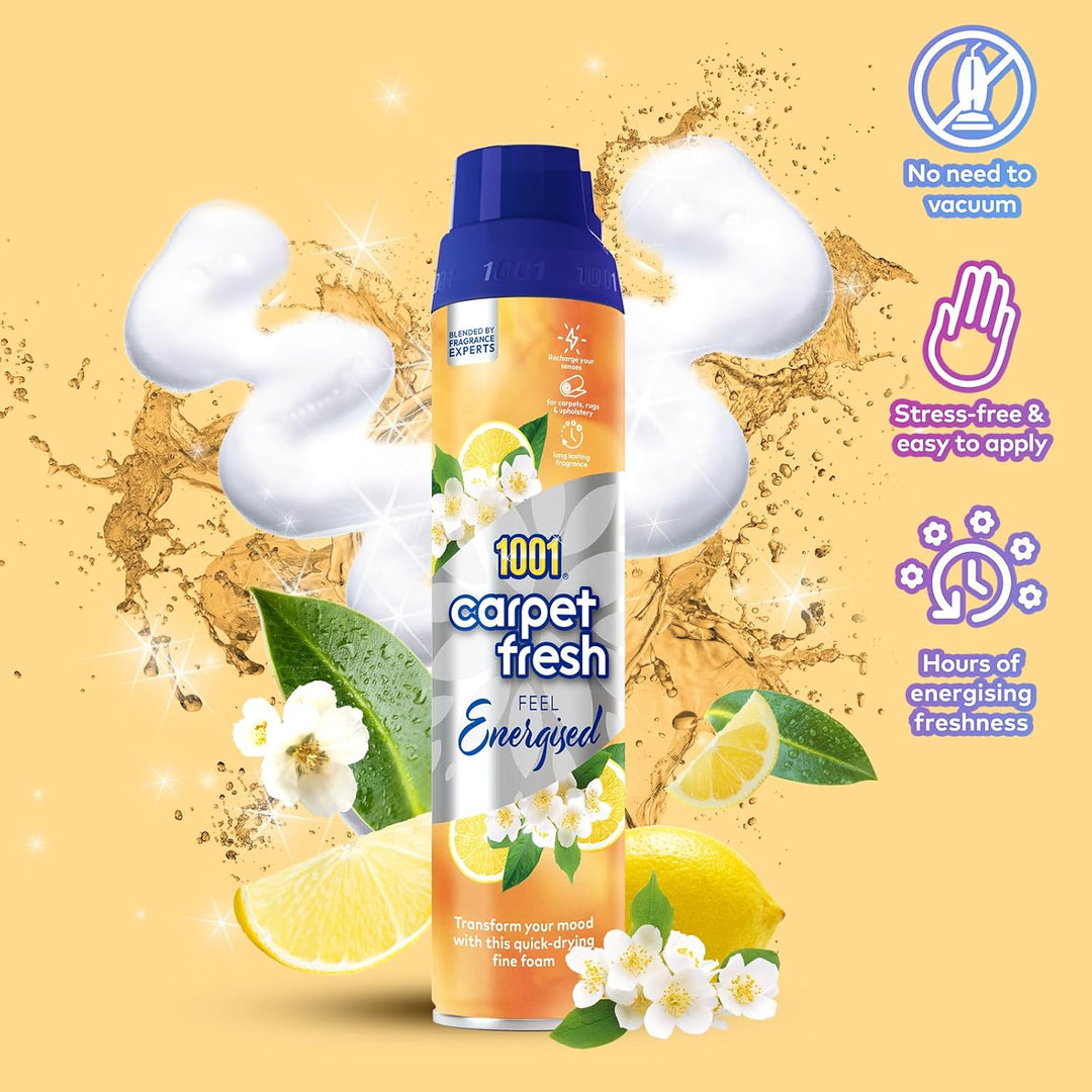 1001 Carpet Fresh Feel Energized 300ml Can - Invigorating Lemon Scent for Carpets & Upholstery
