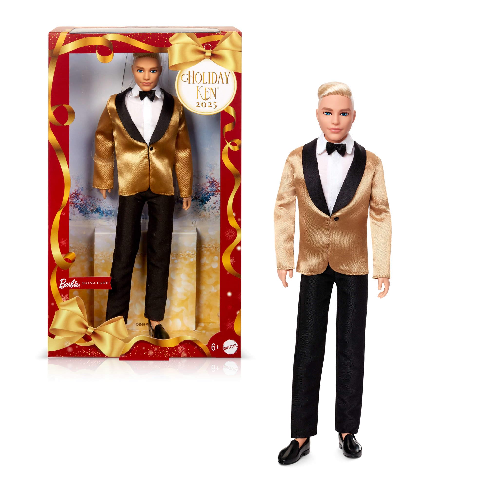 Barbie Signature 2025 Holiday Blonde Ken Collectible Fashion Doll - Golden Satin Suit & Platinum Hair 1